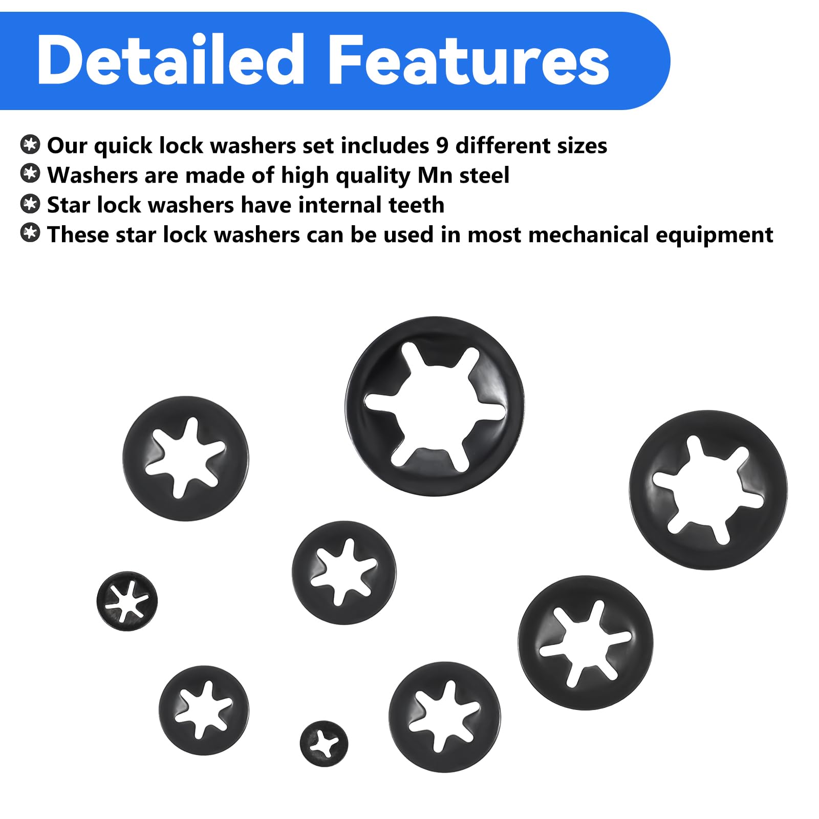 265PCS 9 Sizes Internal Tooth Star Lock Washers Kit - Black Push On Lock Washers for Fast Assembly - Hardware Nuts Assortment for Automotive, Furniture & DIY Projects