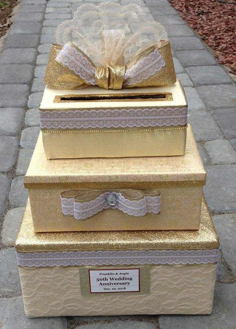 50th Anniversary Card Box - 3 Tier Gold Keepsake with Card Slots, Personalized & Handmade - Perfect for Golden Jubilee Celebrations & Gift Giving