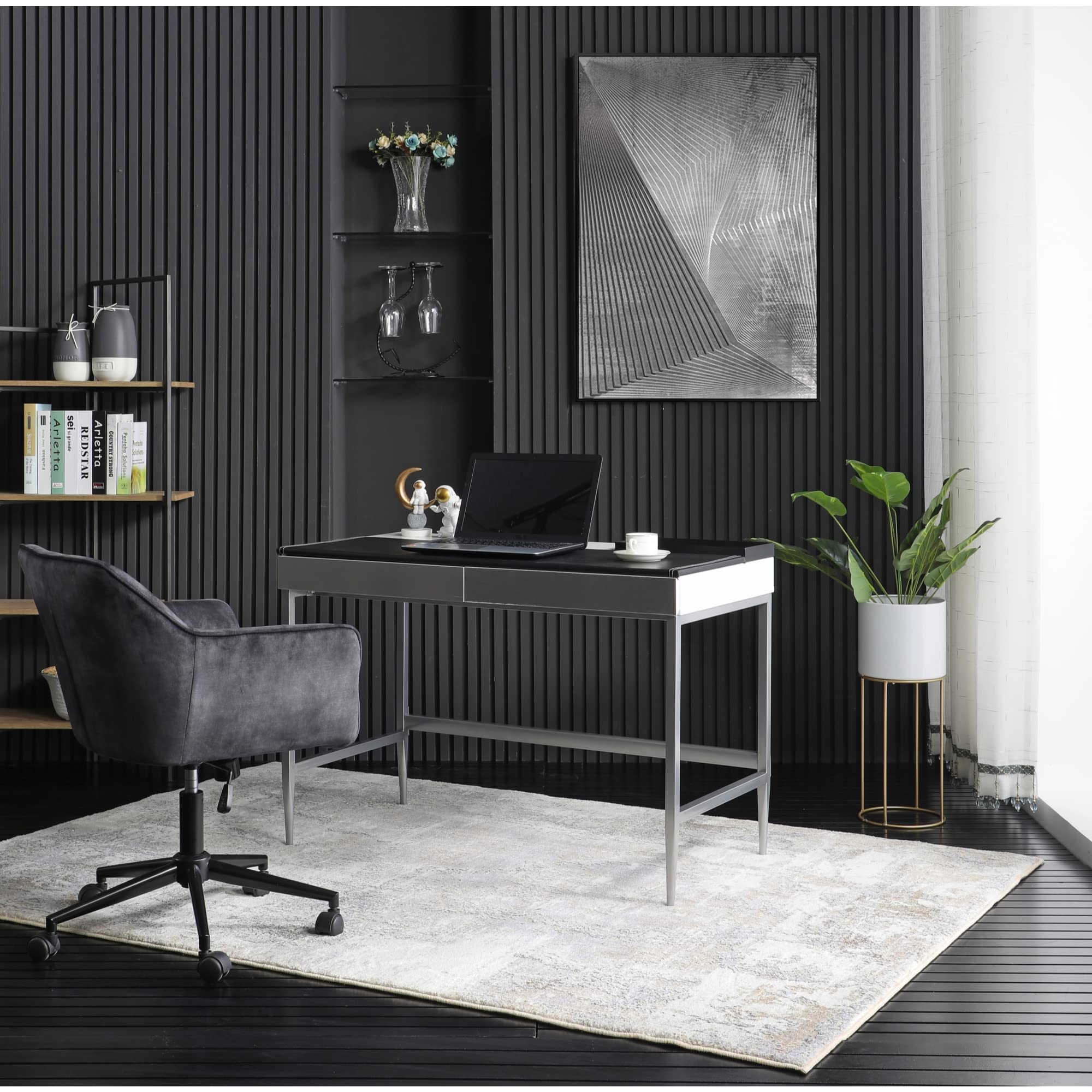 Aubrielle Modern Writing Desk with 2 Drawers & Leather Desk Pad - Black/Grey Home Office Desk with Storage | Perfect for Small Spaces, Remote Work & Study