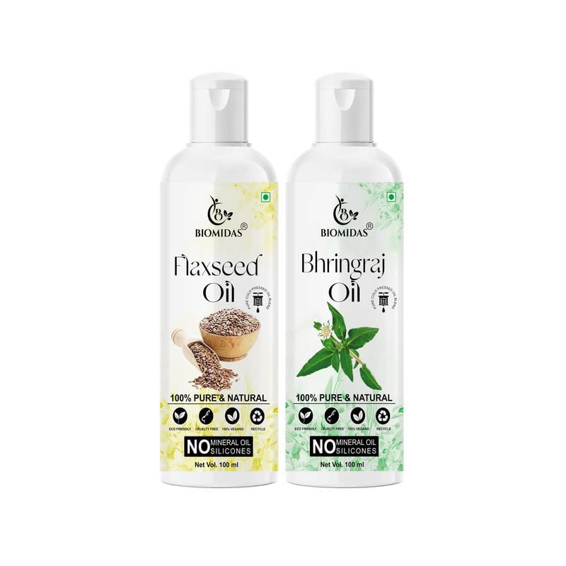 Biomidas 100% Pure Flaxseed Oil & Bhringraj Oil Combo (100ML Each) - Promotes Rapid Hair Growth, Reduces Hair Fall, Repairs Split Ends for Softer & Shinier Hair - Natural Hair Care Treatment for Dry/Damaged Hair - Perfect for Daily Scalp Massage & Overnight Hair Mask (Pack of 2)