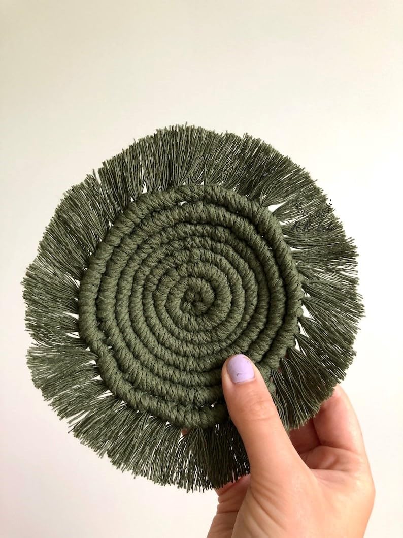 Handmade Macrame Coasters Set of 4 - 4 Inch Round Boho Tea & Coffee Cup Coasters with Frills in Cool Green - Perfect Gift for Home Decor, Kitchen & Dining Table Accessories