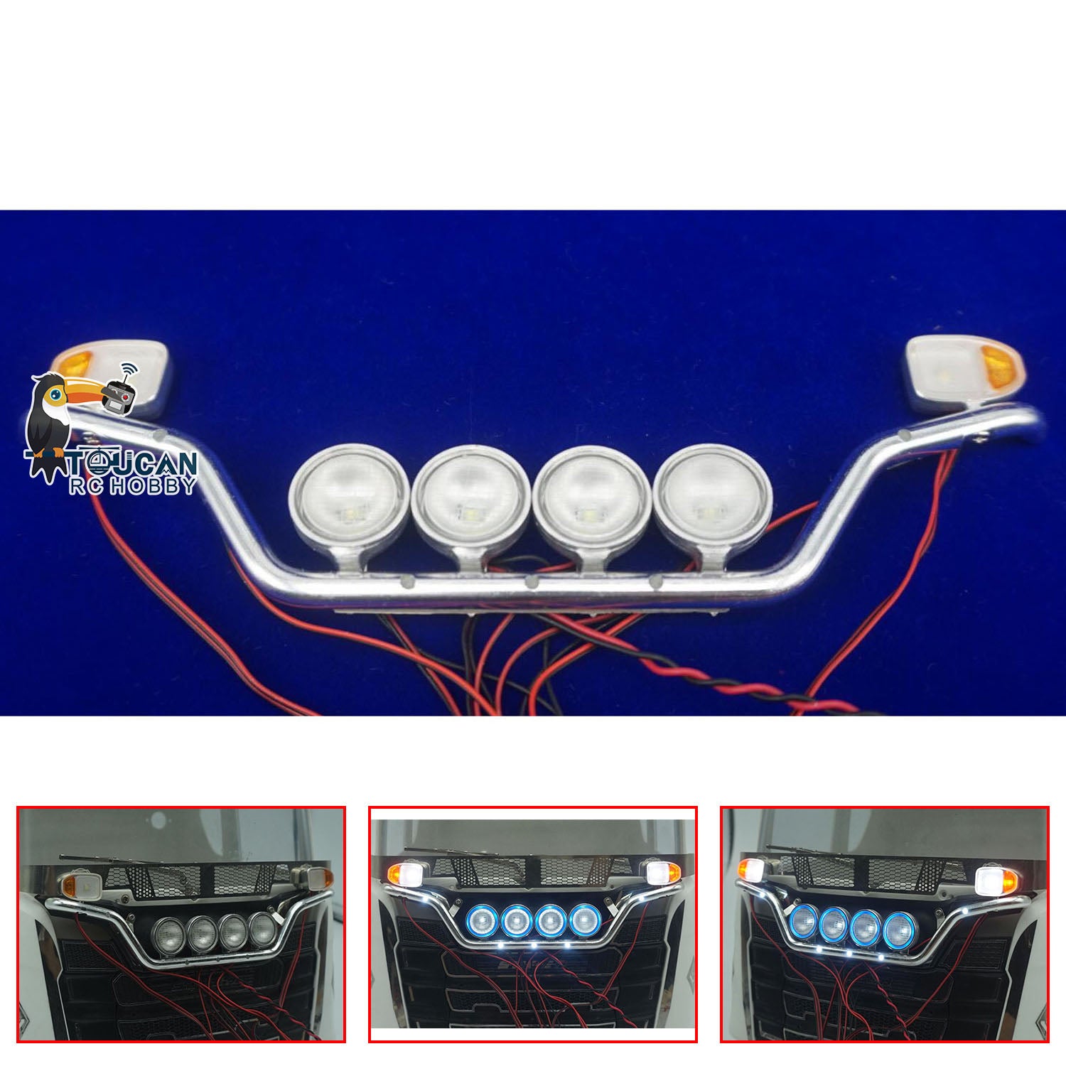 4-Pack Aluminum Bar Light with Round LED Lamps for 1/14 Scale RC Tractor Truck 770S 56371 56323 - Durable Off-Road Lighting for Radio Controlled Model Cars & Construction Vehicles