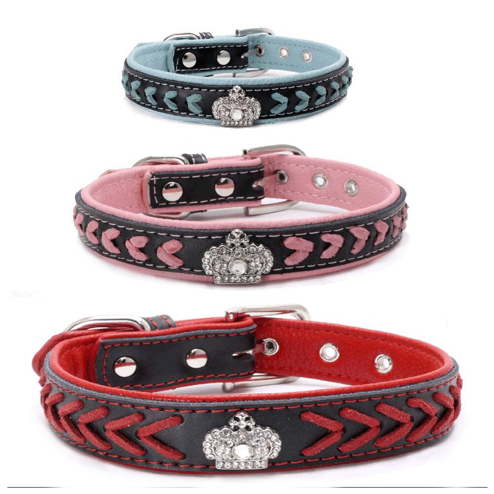 Premium Handmade Braided Leather Dog Collar with Rhinestone Crown - Adjustable 14.5