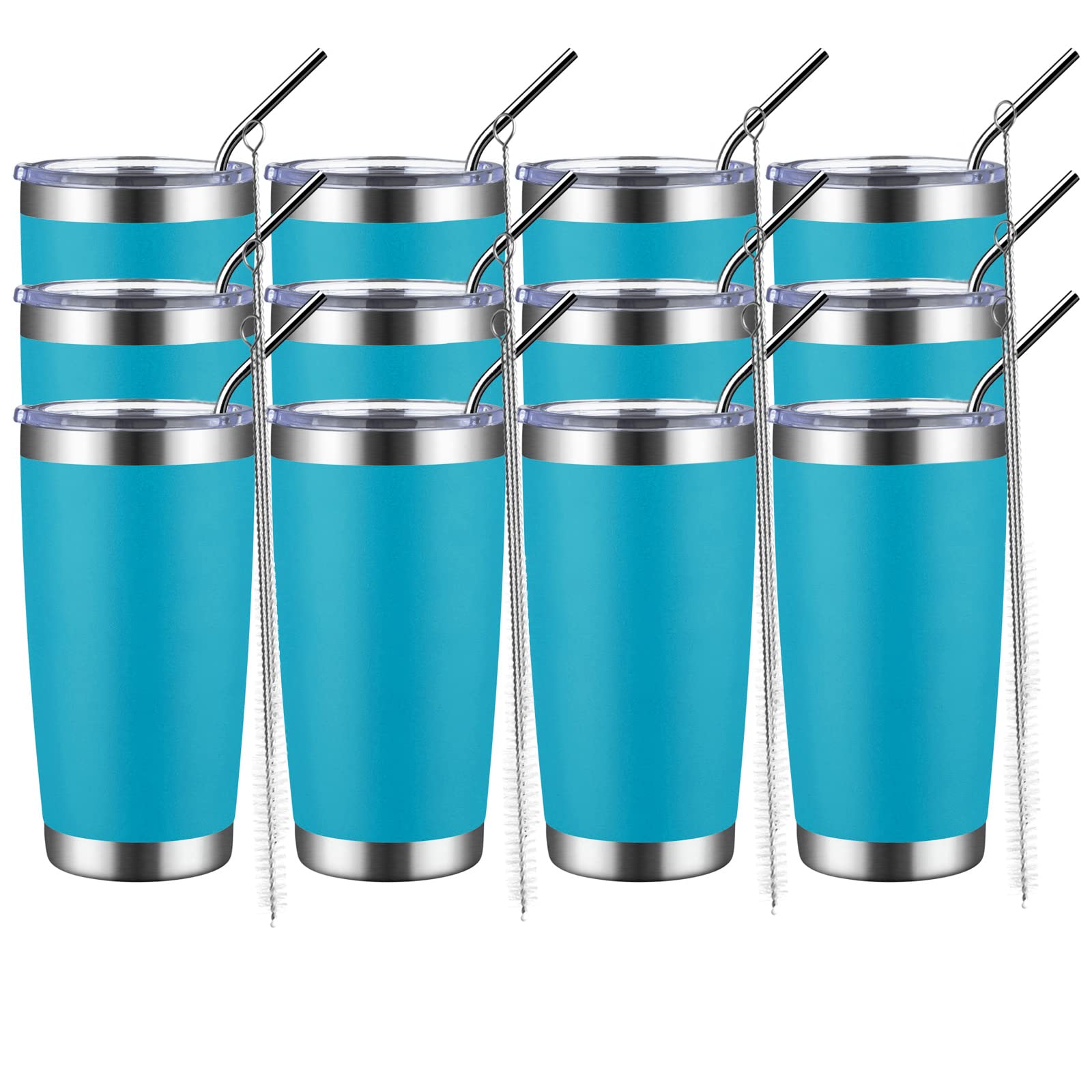 MUCHENGHY 20oz Stainless Steel Tumbler with Lid and Straw - 12 Pack Bulk Insulated Travel Mugs, Double Wall Vacuum Coffee Cup for Hot & Cold Drinks (Lake Blue) - Perfect for Office, Gym, Camping and Outdoor Activities