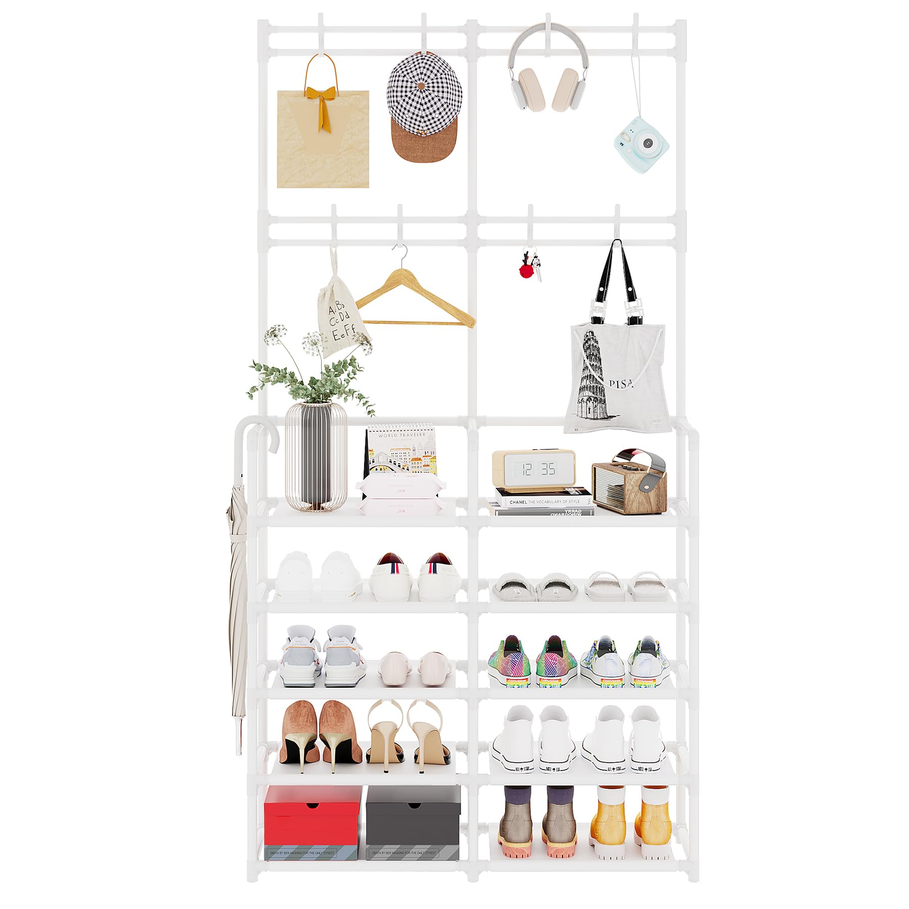 UDEAR 5-Tier Shoe Rack with Coat Hooks - Space Saving Entryway Organizer for Shoes, Jackets & Accessories - Sturdy Shoe Storage for Living Room, Bedroom, Office & Hallway - White (Perfect for Small Spaces & Apartment Entryways)