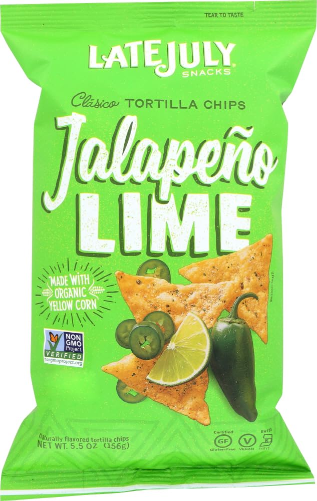 Late July Snacks Clásico Tortilla Chips, Jalapeno Lime Flavor, 5.5 Oz (Pack of 12) - Crunchy Gluten-Free Snacks for Parties, Movie Nights & Healthy Snacking