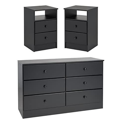 Home Square 3-Piece Bedroom Furniture Set - Black Nightstand Pair & 6-Drawer Double Dresser for Master Bedroom or Guest Room Organization