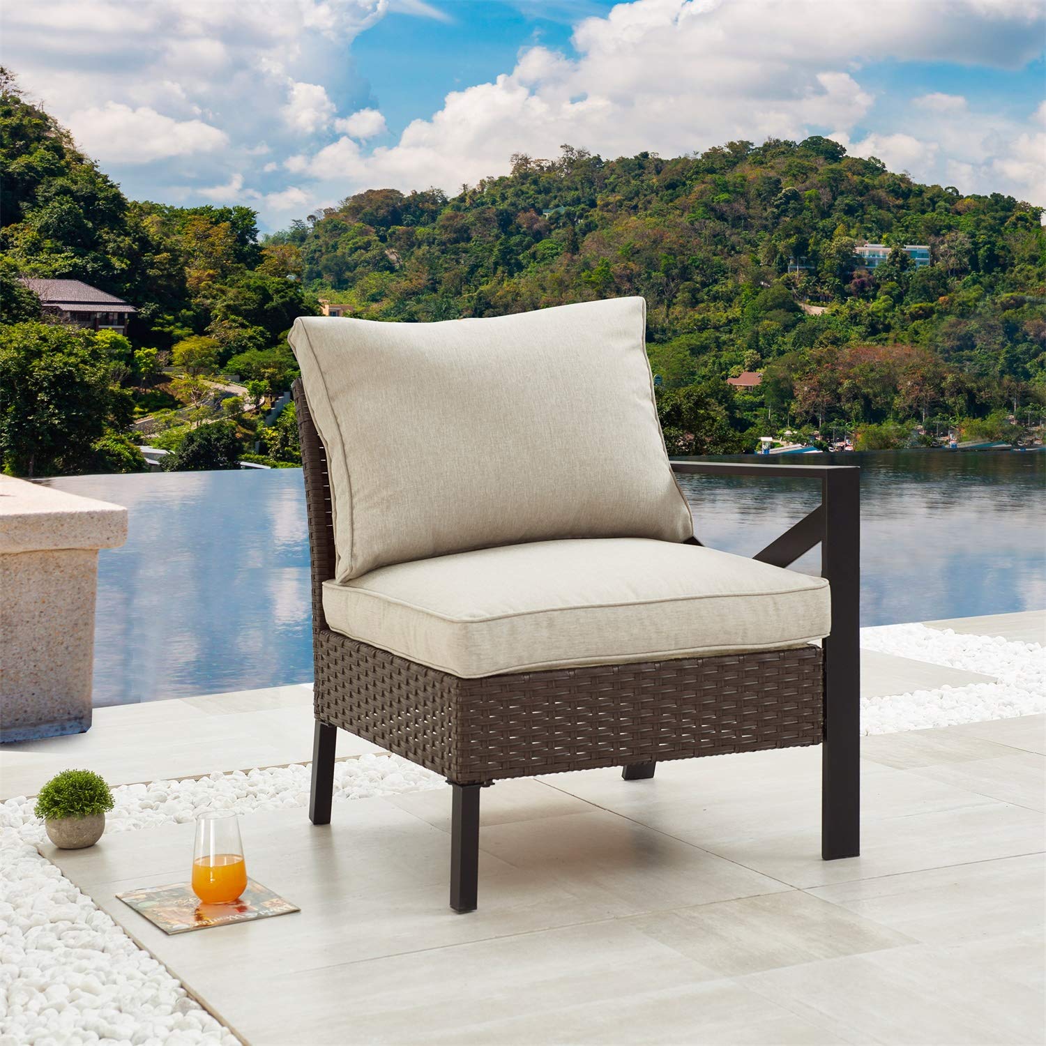 PatioFestival Wicker Outdoor Chair - Rattan Armchair with Removable Cushions, Left/Right Facing Patio Dining Furniture for Garden, Balcony, Porch & Poolside - Perfect for Relaxing, Sunbathing & Outdoor Entertaining