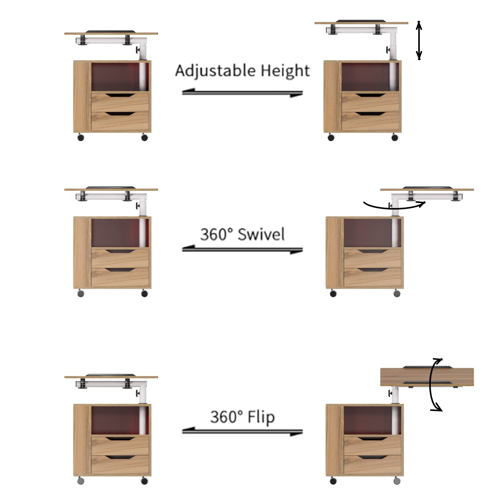 Adjustable Height Nightstand with Storage Drawer & Shelf - Mobile Coffee Table, Sofa Table & Bedside Table for Living Room, Bedroom & Office - Solid Oak Wood - Perfect for Small Spaces, Apartment Living & Home Office Organization