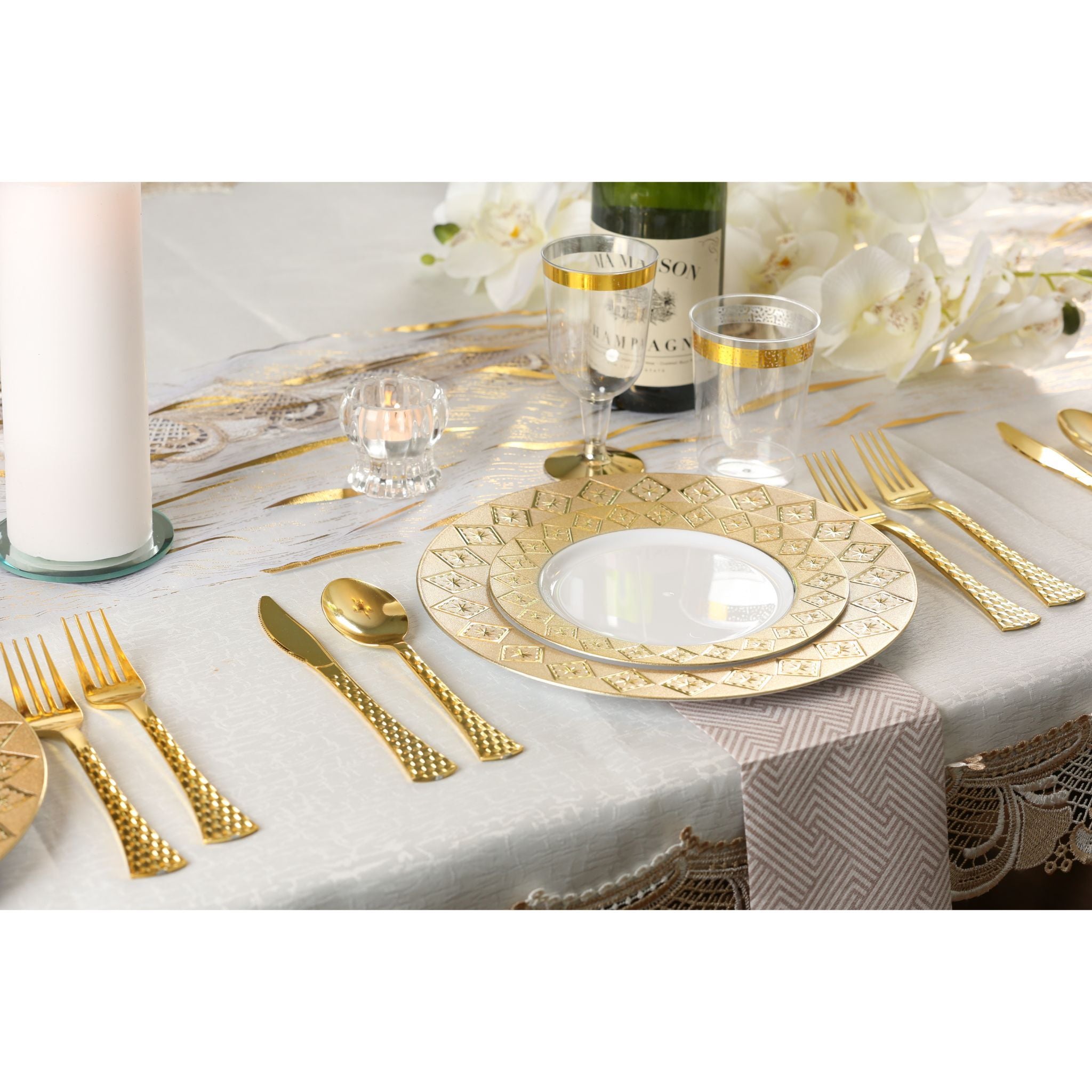 Elegant White and Gold Round Plastic Plates - Durable Disposable Dinnerware for Parties, Weddings, and Events | Imperial Brand