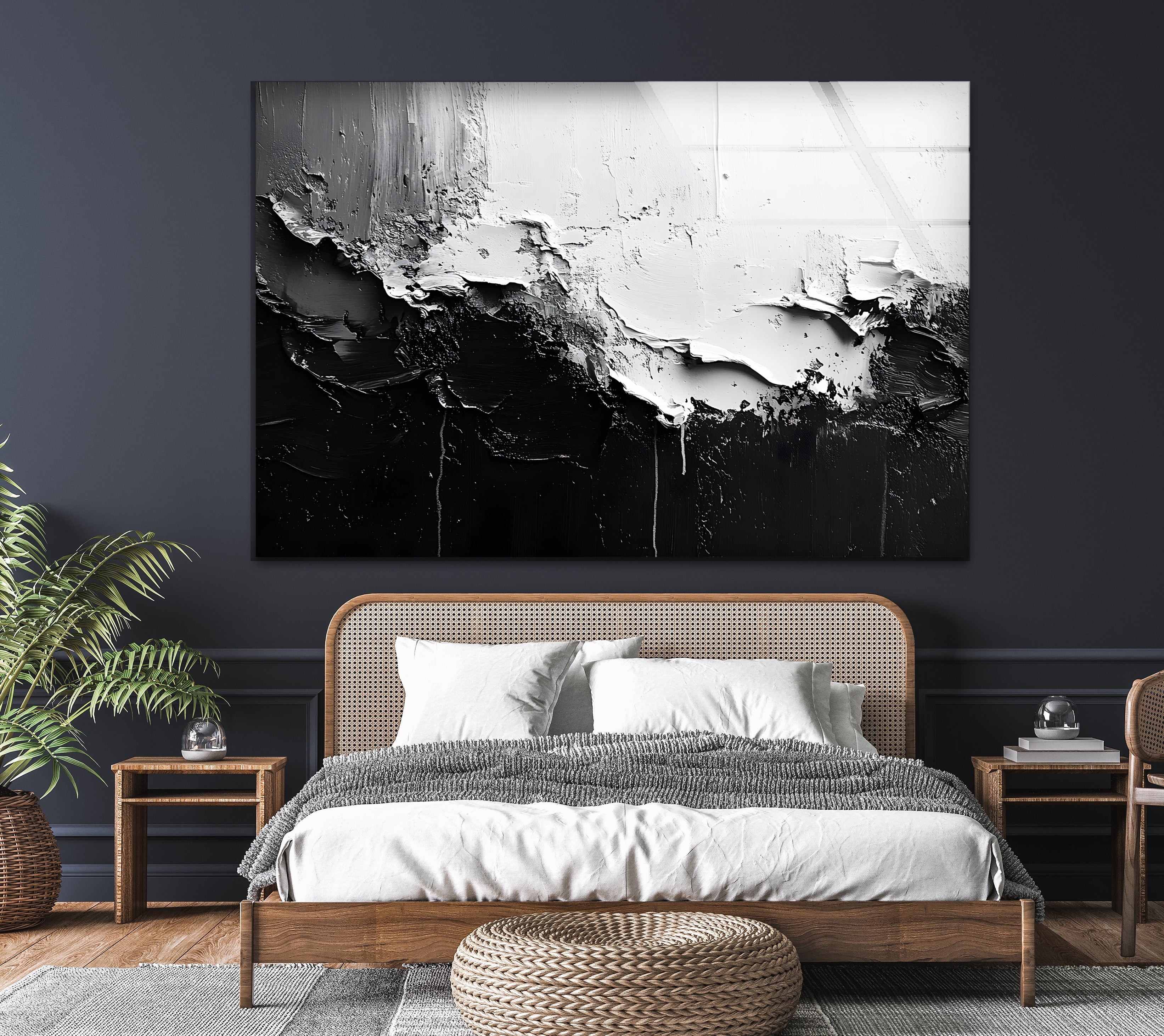 Abstract Black and White Glass Wall Art - Modern Home Decor for Living Room, Bedroom & Office - Elegant Contemporary Wall Hanging for Stylish Interior Design