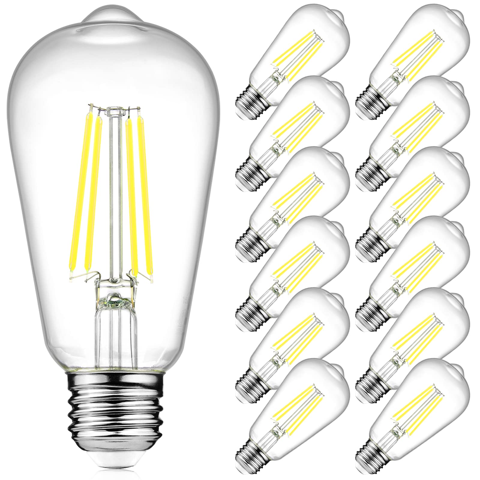 Ascher Dimmable Vintage LED Edison Bulbs - 6W (60W Equivalent), 5000K Daylight, 700 Lumens, 80+ CRI, ST58 Antique LED Filament Bulbs, E26 Medium Base, Clear Glass - Pack of 12 - Perfect for Restaurants, Cafes, and Home Decor Lighting
