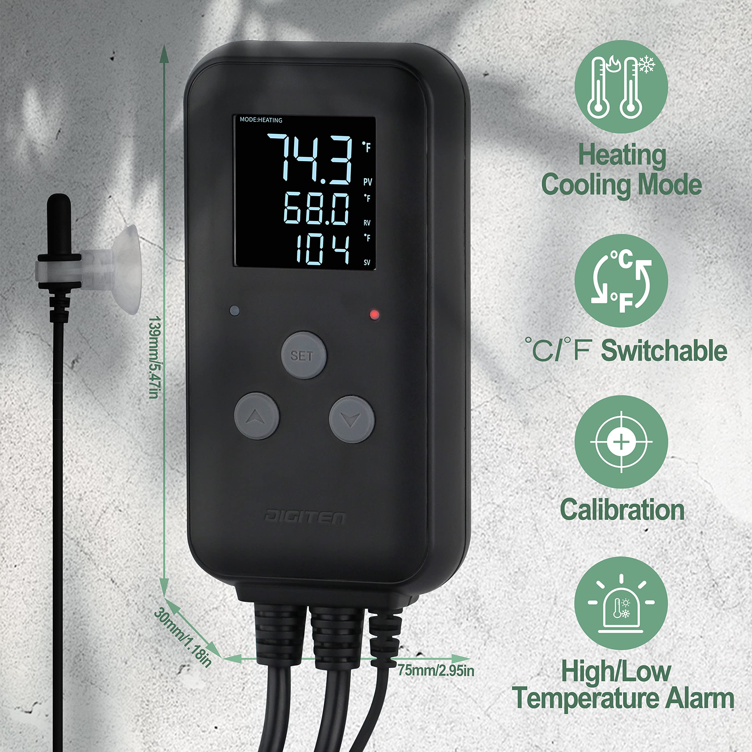 DIGITEN DTC310 Digital Waterproof Temperature Controller - 10A Thermostat for Aquarium, Greenhouse, Seedling Heat Mat - Precise Temperature Control for Indoor/Outdoor Use
