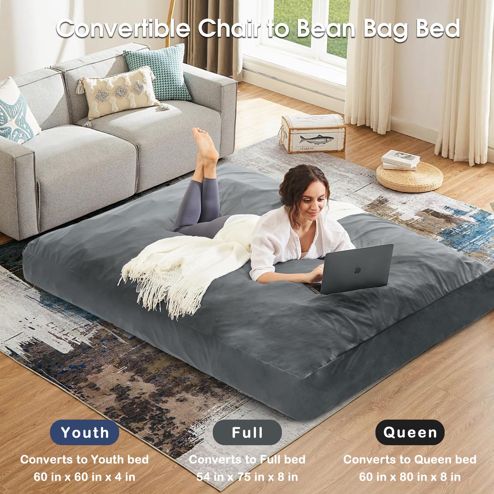 Giant Convertible Bean Bag Chair & Bed for Adults - Ultra Soft Microfiber Cover with Premium Furniture Foam Filler - Charcoal Floor Couch Sofa for Bedroom, Dorm Room & Lounge - Perfect for Relaxing, Gaming & Movie Nights