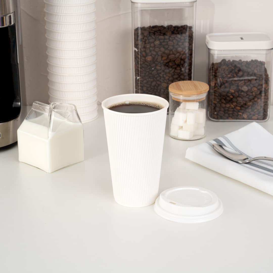 16oz Disposable Coffee Cups - 500 Pack White Insulated Paper Cups with Ripple Wall & Rolled Rim for Hot Coffee, Tea, Cocoa - Lids Sold Separately - Perfect for Restaurants, Cafes, Offices & Home Use