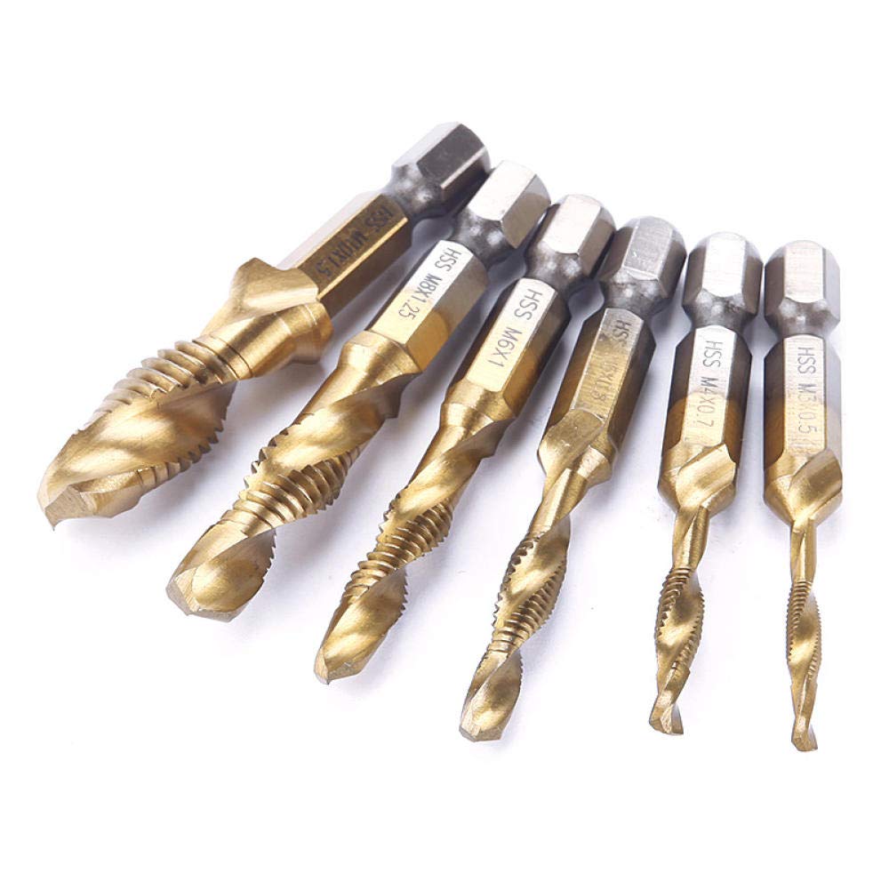 6-Piece Titanium M2 HSS Hex Shank Drill Bit Set - High-Speed Steel Spiral Point Thread Metric Plug Bits for Metal, Wood & DIY Projects