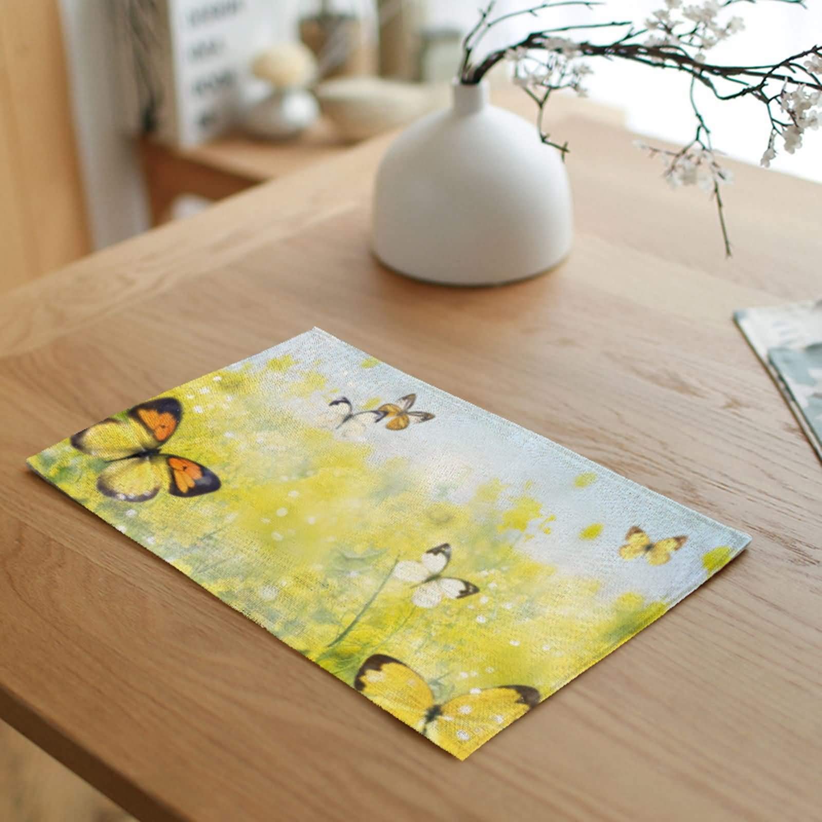 Lieson Set of 4 Washable Cotton Linen Placemats - 18x12 Inch Yellow Floral Butterfly Design for Dining Table | Perfect for Home Kitchen, Dinner Parties & Holiday Decor