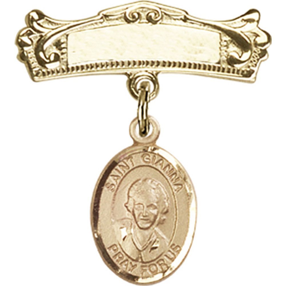 St. Gianna Beretta Molla Gold Filled Baby Badge Charm - 7/8 x 3/4 Inch Arched Polished Pin for Christening, Baptism & First Communion Gifts - Religious Jewelry for Catholic Babies & Children