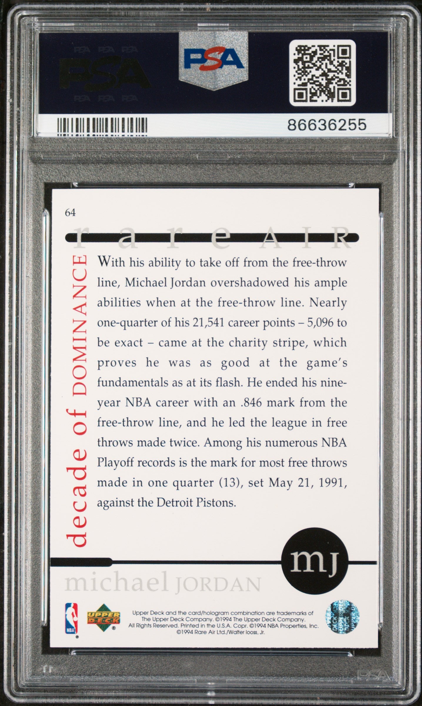 1994 UPPER DECK MJ RARE AIR MICHAEL JORDAN #64 PSA 9 MINT Basketball Card - Perfect for Collectors, Sports Memorabilia Display & Investment