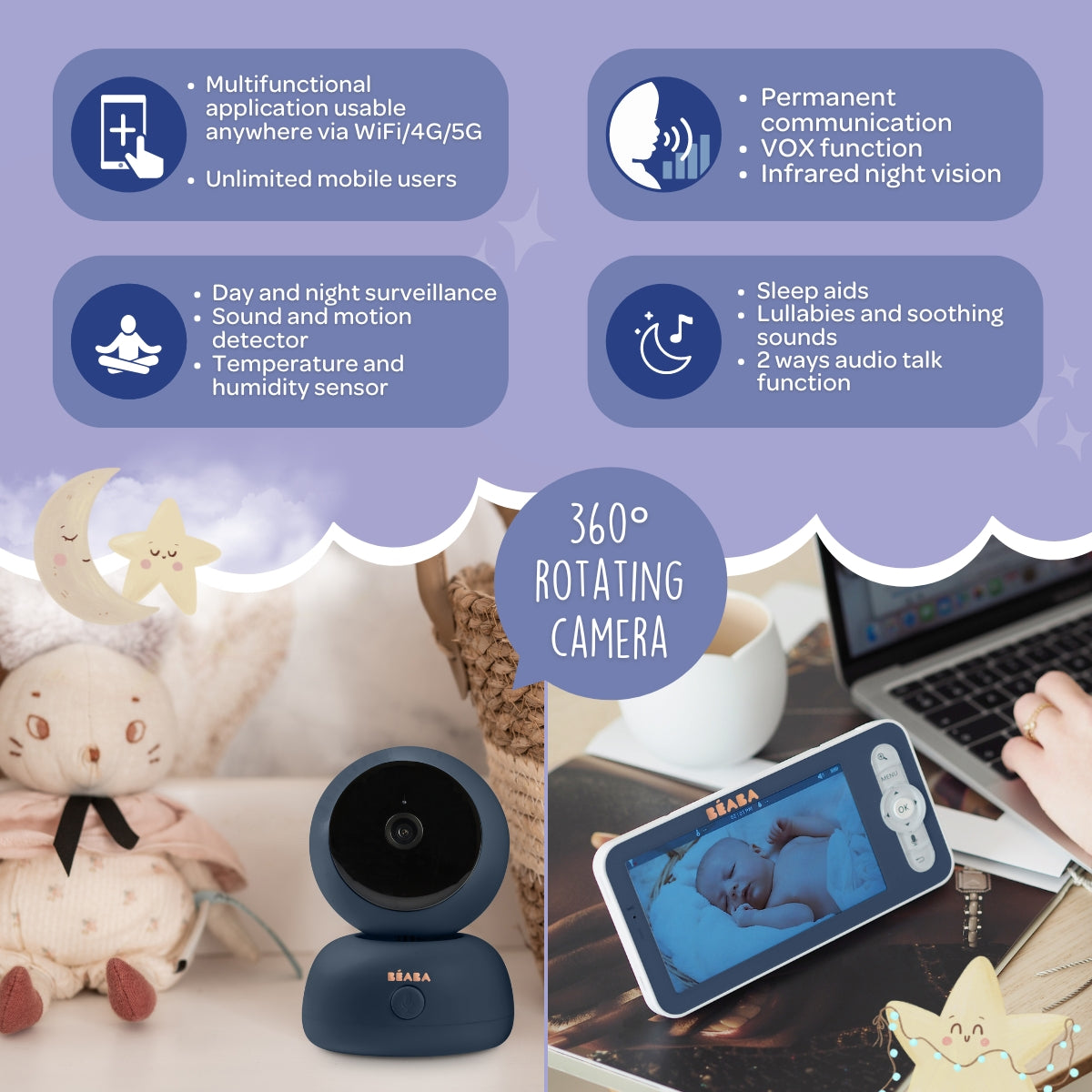 Beaba Zen Premium WiFi Baby Monitor with 5-Inch 720P HD Color Screen, Two-Way Audio & Night Vision - Ideal for Nursery, Bedroom, and Travel Use