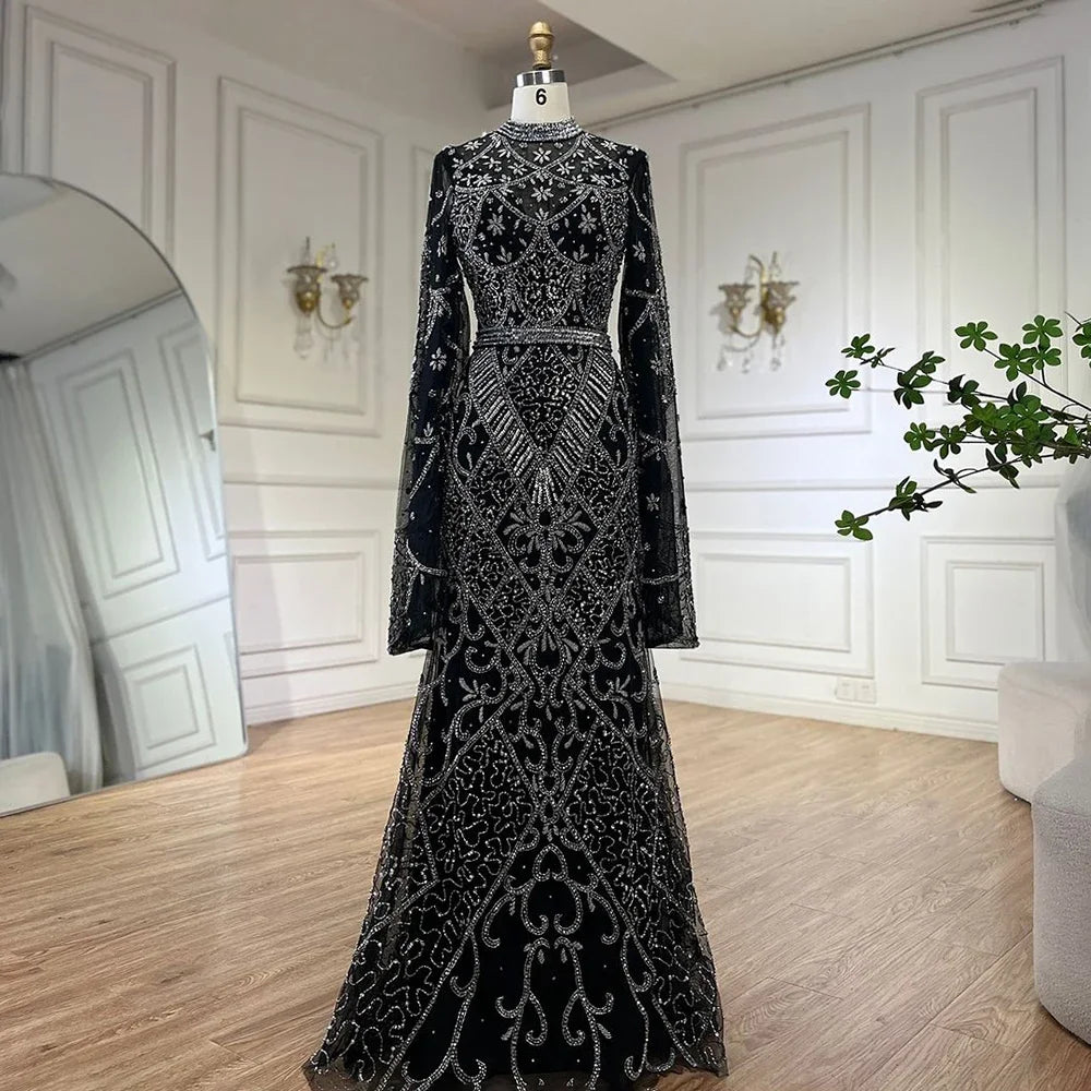 Luxury Dubai Muslim Mermaid Evening Dress with Elegant Bell Sleeves & Beaded Details - Formal Gowns for Weddings, Parties & Special Occasions | LA72316A