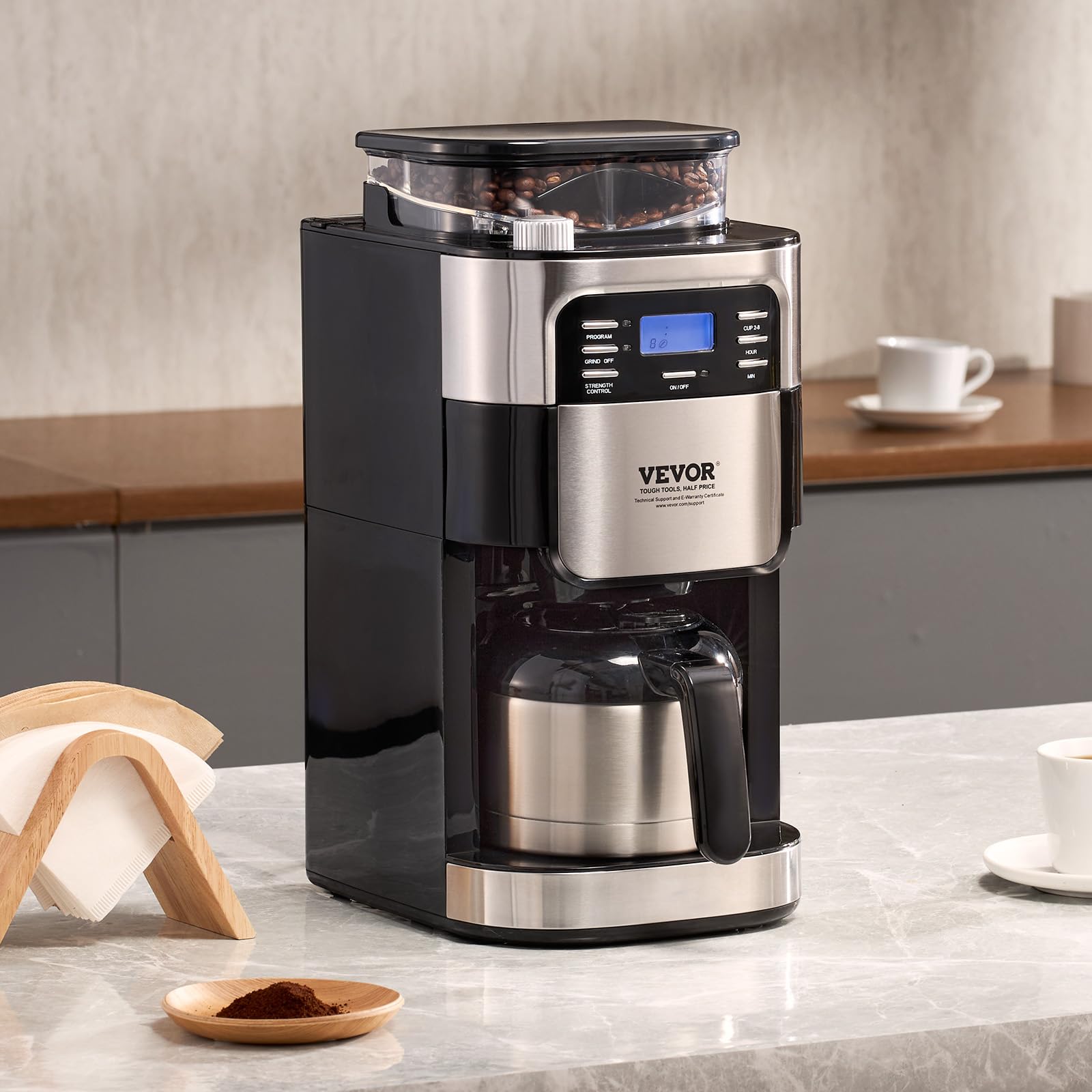 VEVOR 8 Cup Coffee Maker with Built-in Grinder, 3 Brew Strength Control & 24-Hour Auto Brew Timer - Perfect for Home, Office, and Restaurant Use