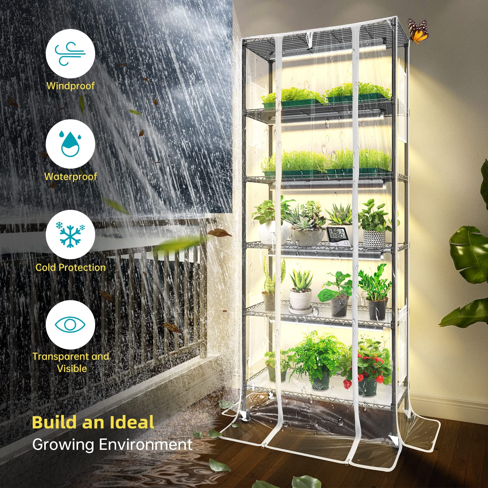 6 Tier Plant Stand with 150W LED Grow Light - Indoor Greenhouse Shelf with Thermometer & Cover, Perfect for Seed Starting & Plant Growth (29.5