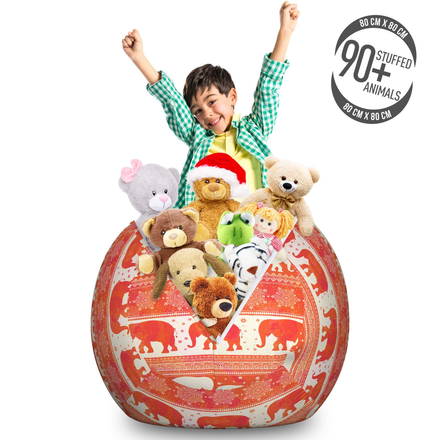 Ambesonne Oriental Storage Toy Bag Chair - Hand Drawn Traditional Silhouettes & Motifs - Large Washable Stuffed Animal Organizer - Dark Coral Vermilion - Perfect for Kids' Room Organization & Playroom Storage