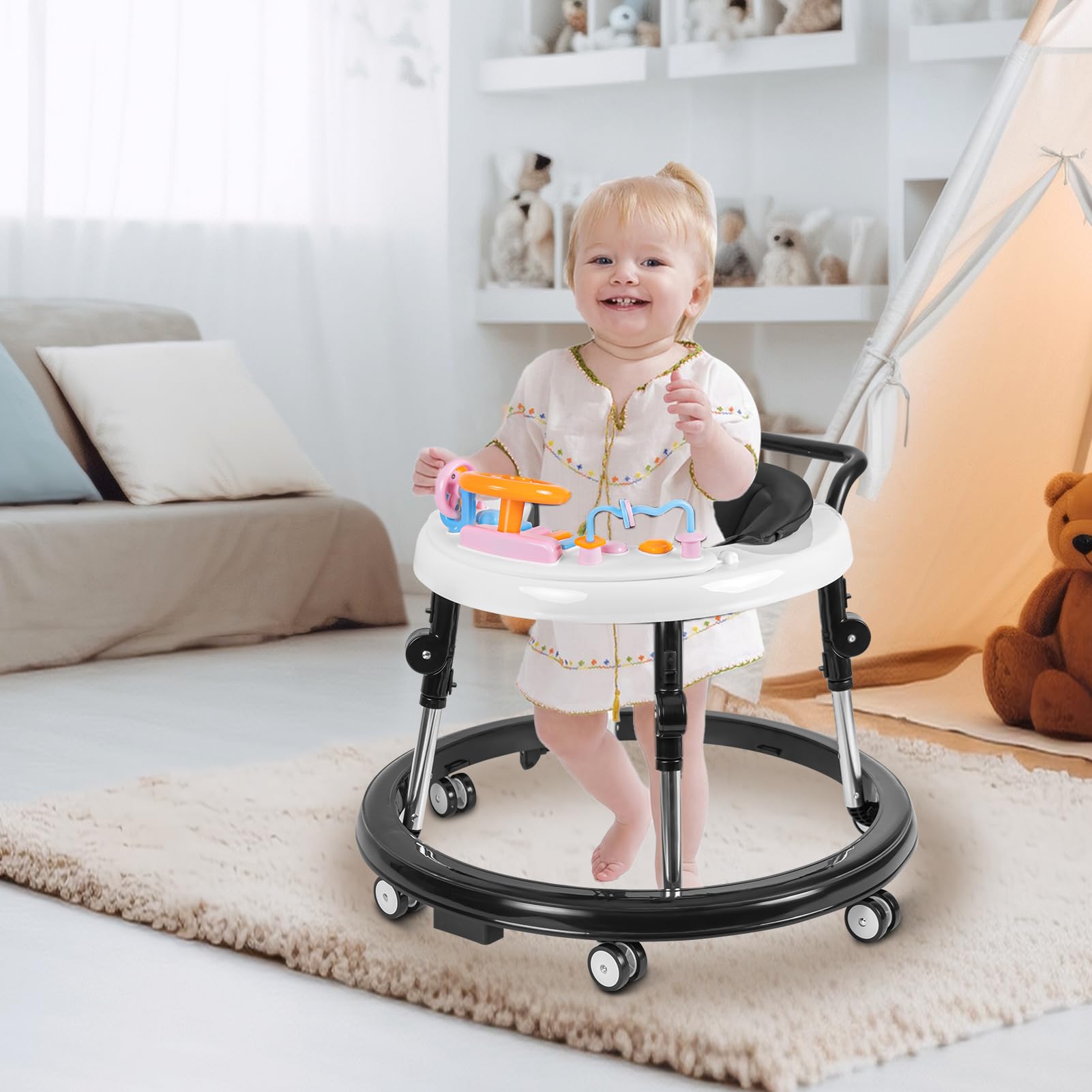 Foldable 9-Speed Adjustable Baby Walker with Wheels & Music - Anti-Fall Infant Activity Center with Foot Pads for Boys & Girls 6-24 Months - Perfect for Learning to Walk & Indoor Playtime