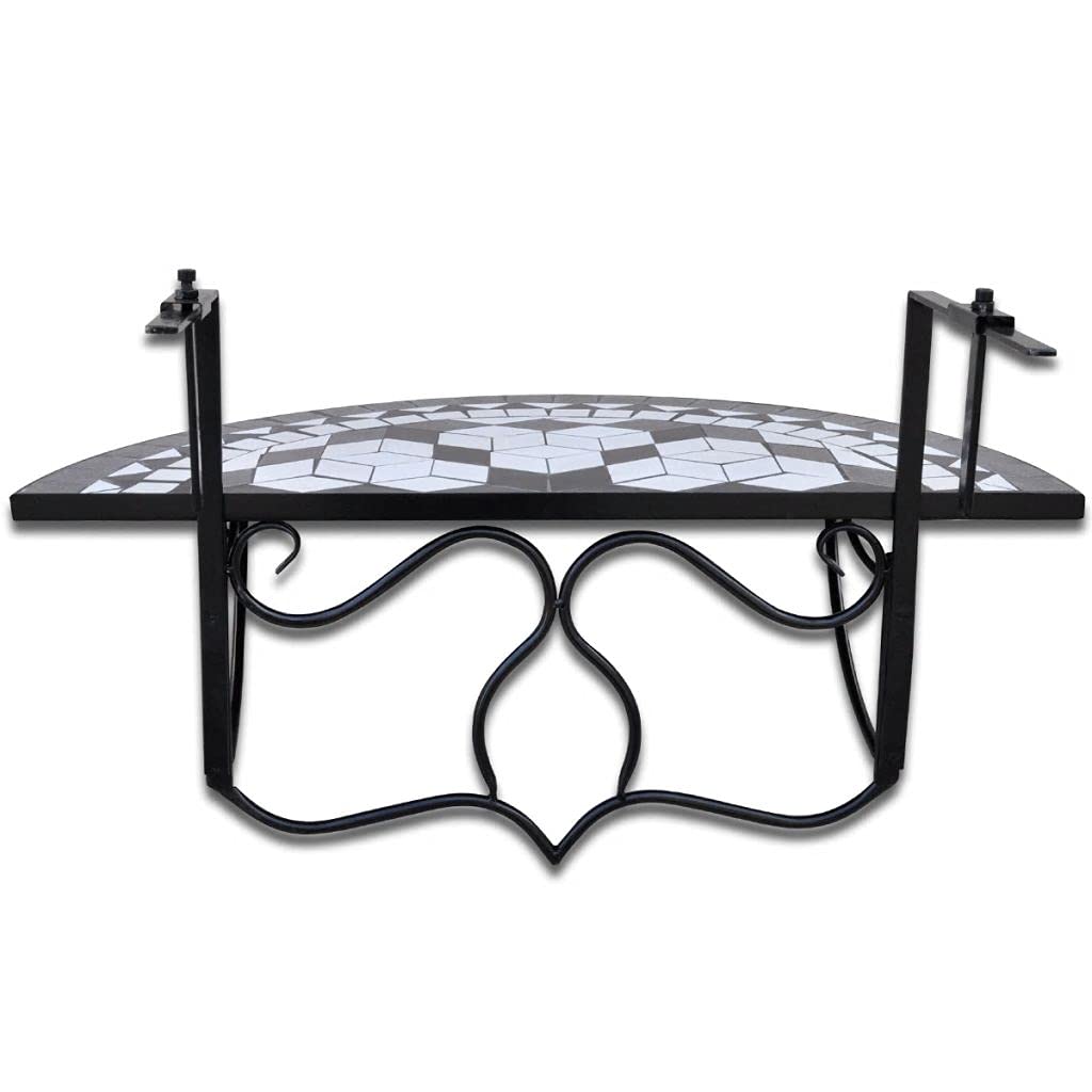 Foldable Hanging Balcony Table - Semi-Circular Outdoor Furniture for Backyard, Lawn, Poolside & Patio - Space-Saving Black & White Mosaic Design - Perfect for Small Spaces, Apartment Living & Outdoor Relaxation