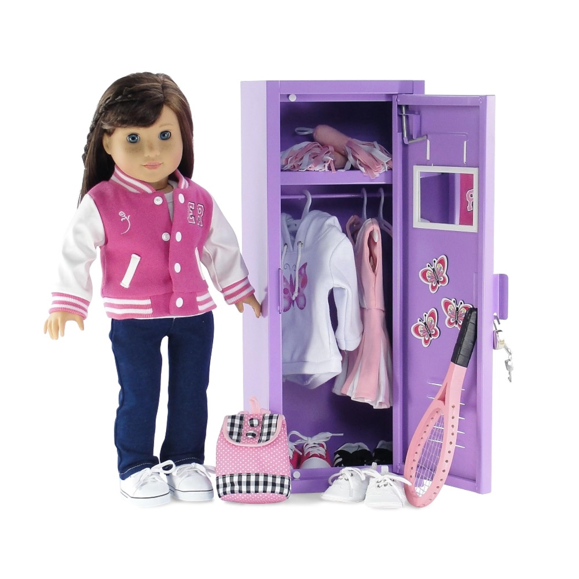 Emily Rose 18 Inch Doll Clothes Storage - Bright Purple School Locker with Accessories for American Girl Dolls | Includes Lock, Key & 5 Hangers | Perfect for Doll Clothing Organization & Playroom Decor
