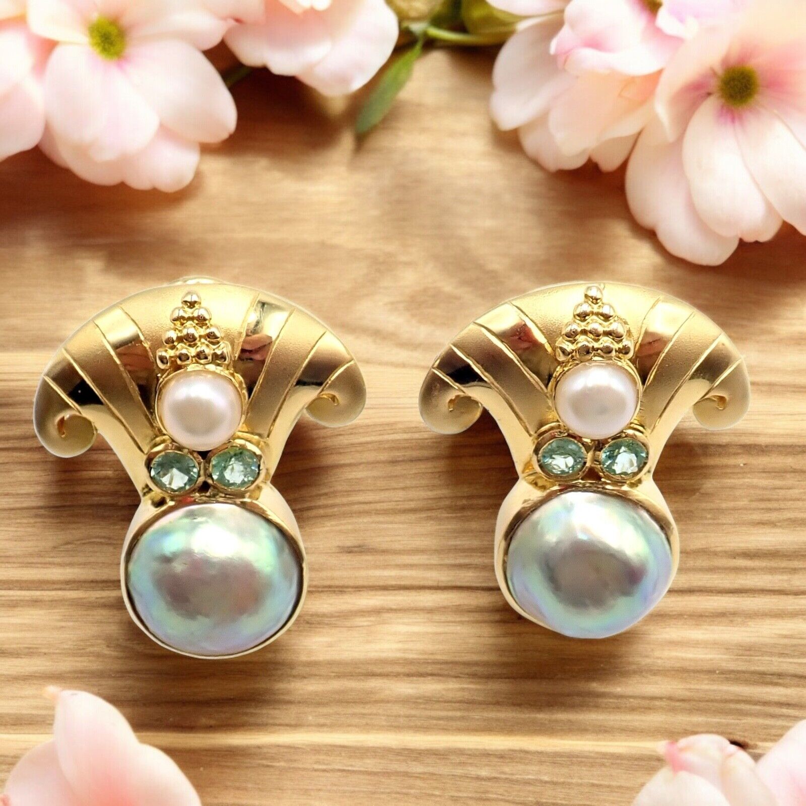 Exquisite Vintage Paula Crevoshay 18K Gold Abalone Pearl & Blue Gemstone Earrings - Unique Handmade Jewelry for Women - Perfect for Weddings, Anniversaries & Special Occasions