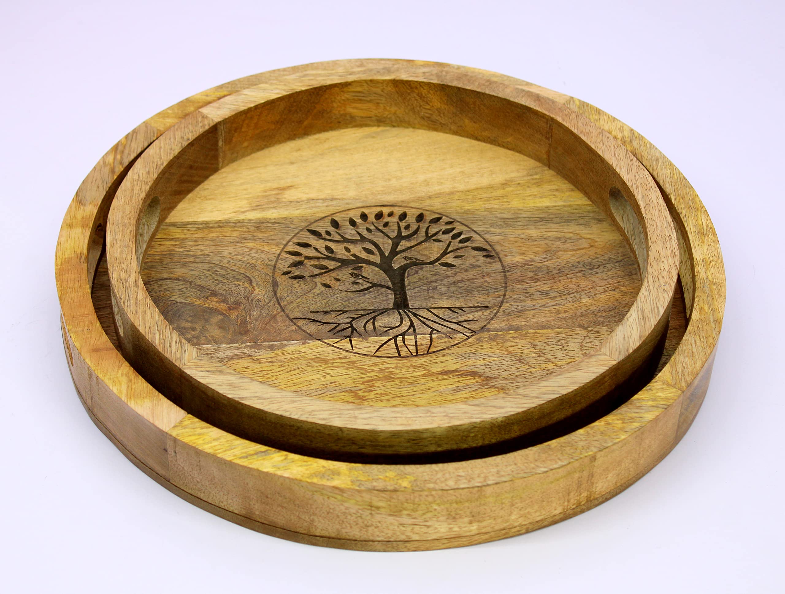KLEO Wooden Engraved Round Serving Trays Set of 2 - 14