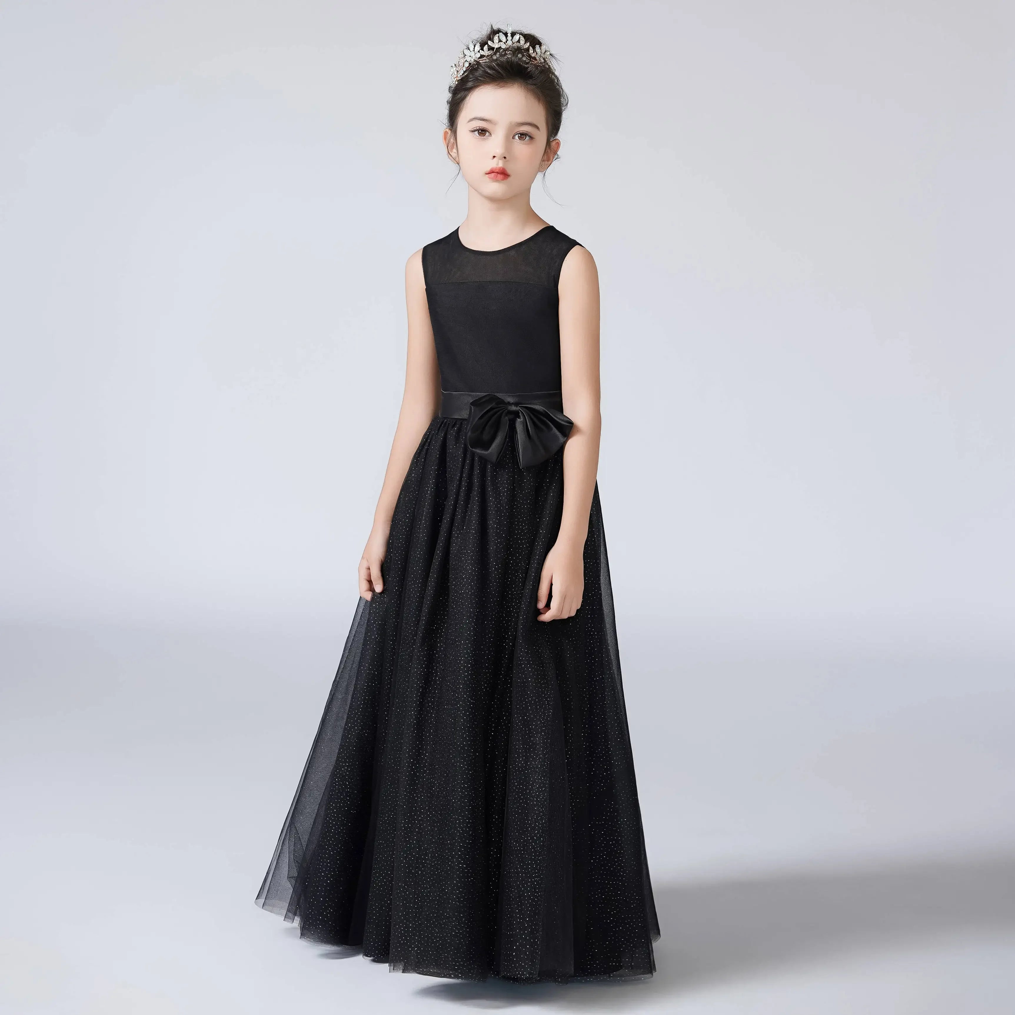 Shiny Black Tulle O-Neck Girls Party Dress - Elegant Formal Wear for Birthday, Wedding & Special Occasions
