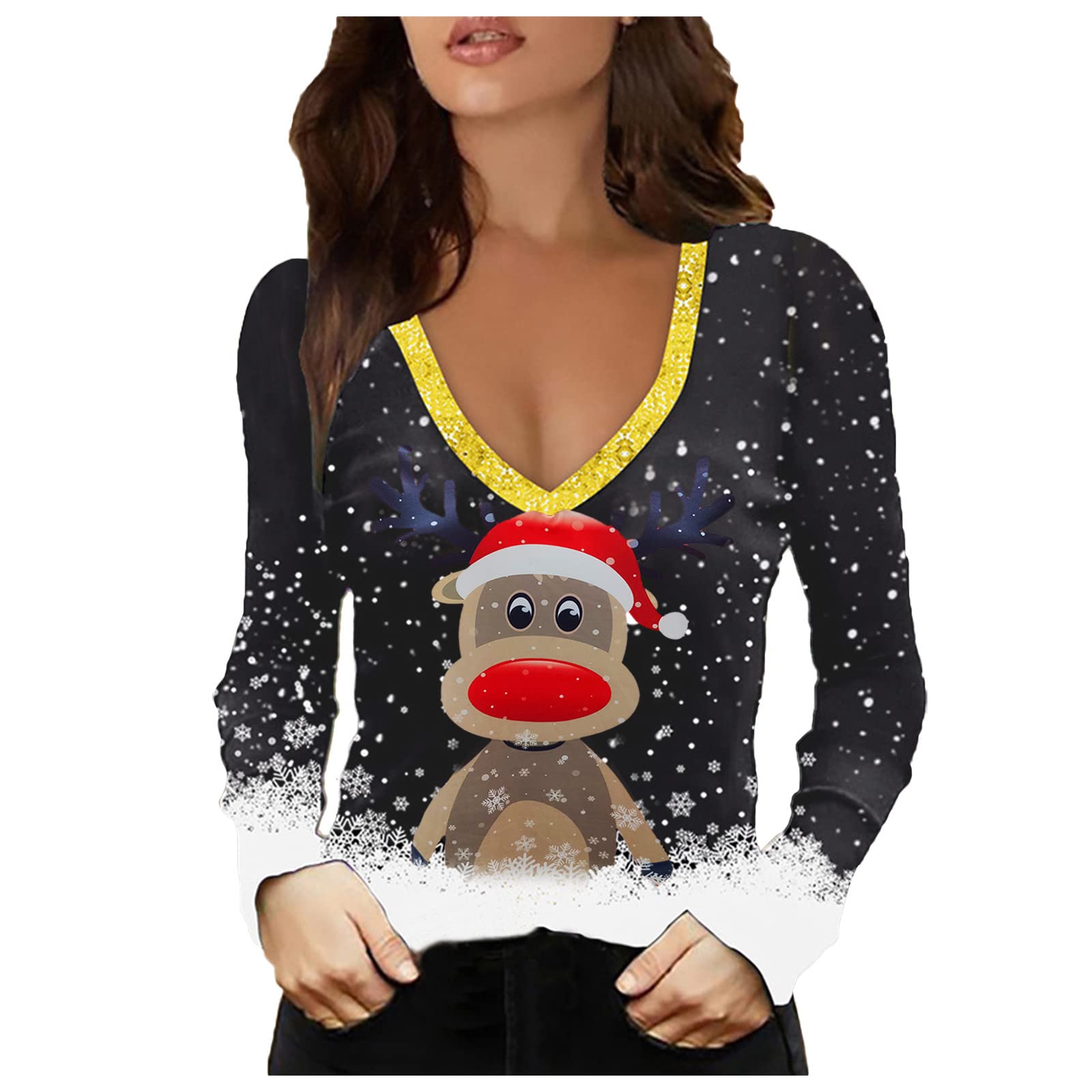 Women's Christmas Graphic V-Neck Long Sleeve T-Shirt - Festive Holiday Blouse for Casual Wear, Office Parties & Family Gatherings