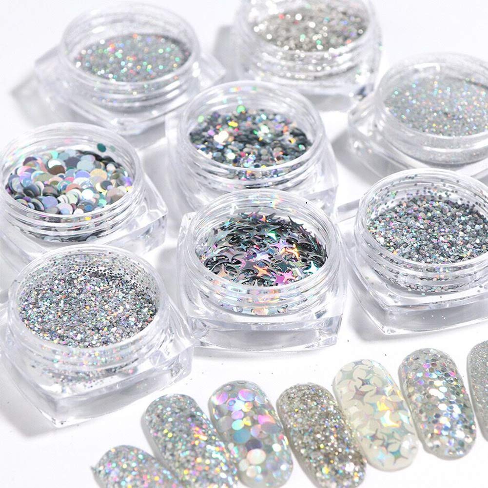 Holographic Nail Art Sequins Glitter Kit - 8 Boxes Metallic Shining Flakes for Nail Decoration | Silver & Rainbow Nail Glitter Powder Set | Perfect for Manicure, DIY Nail Art, and Professional Salon Use