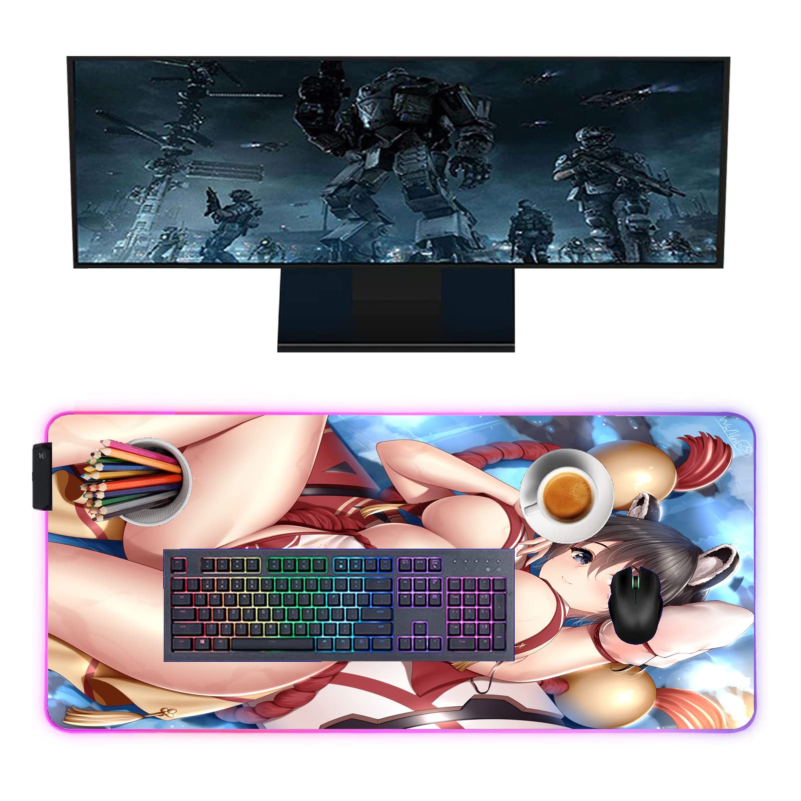 Anime Girl RGB Gaming Mouse Pad - 27.55 x 12 Inch LED Backlit Mouse Mat for PC Gaming with Non-Slip Base | Perfect for Gaming Setups, Office Work & Streaming Stations
