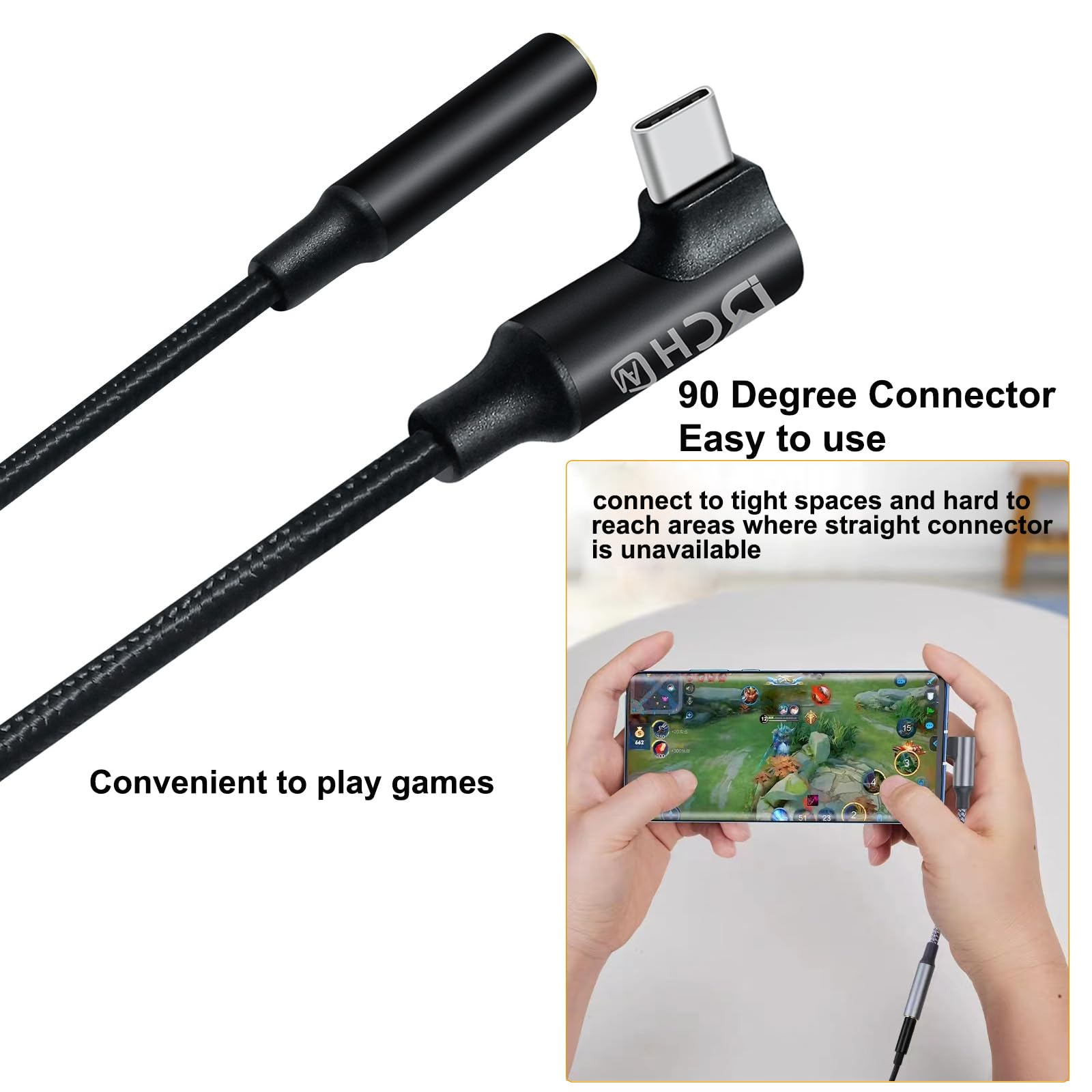 DCHAV USB-C to 3.5mm Audio Adapter with DAC Chip - Angled USB Type C Male to 3.5mm Female Headphone Jack Aux Cable - Compatible with Android Phones, Tablets, Laptops, Speakers & Car Stereos (Black) - Perfect for Music, Gaming & Hands-Free Calling