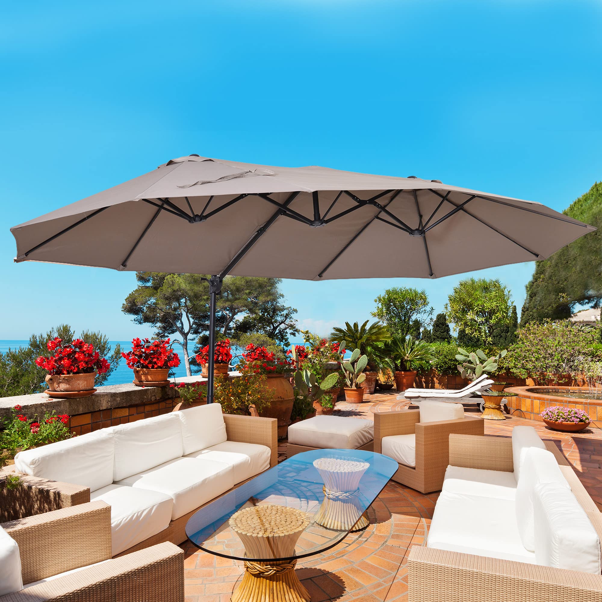 Outsunny 14ft Double-Sided Patio Umbrella with Crank & Cross Base - Extra Large Outdoor Market Umbrella for Deck, Lawn, Backyard, Pool - Perfect for Shade, BBQ Parties, and Outdoor Dining