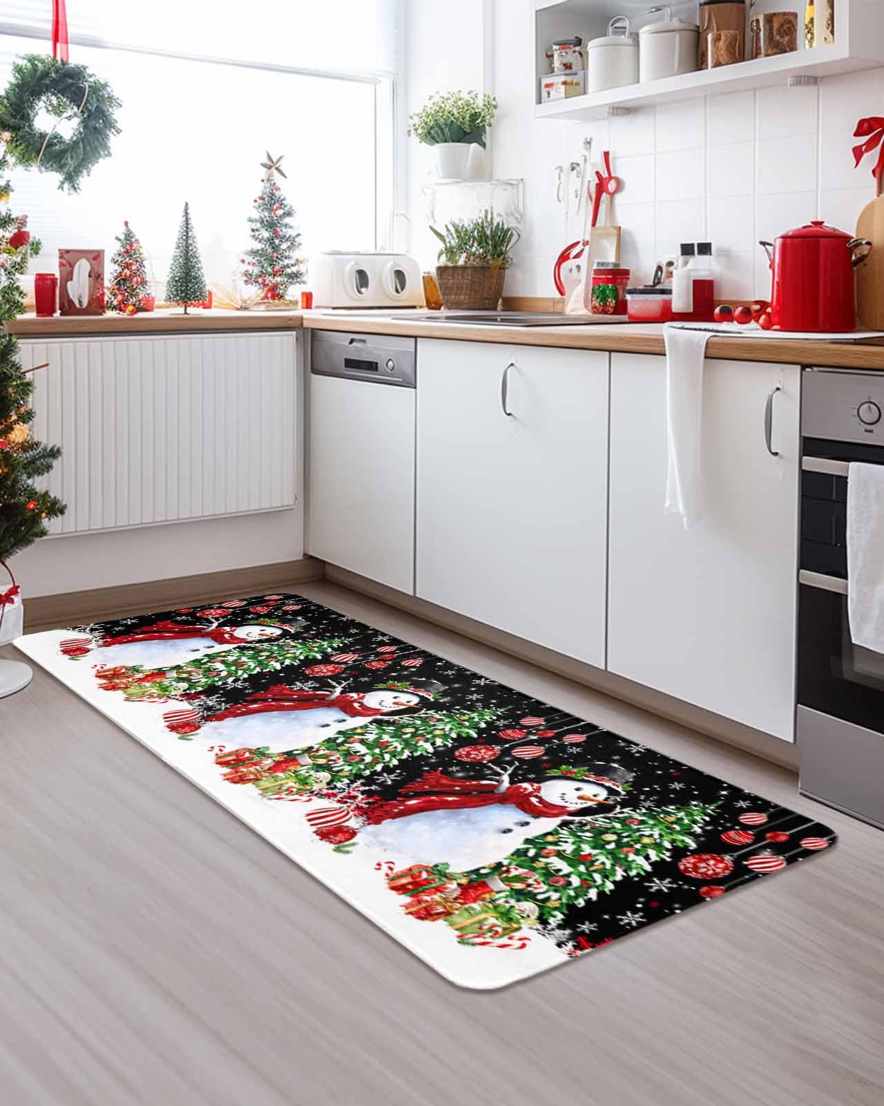 Christmas Snowman Red Balls Kitchen Mat Set of 2 - Cushioned Anti-Fatigue Floor Mats, Waterproof Non-Slip Kitchen Rugs with Black Snowflake Xmas Tree Design - Perfect for Kitchen, Laundry Room & Holiday Decor