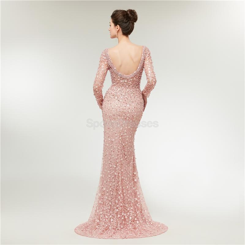 Elegant Long Sleeve Lace Mermaid Peach Evening Gown - Formal Prom Dress for Women | Perfect for Evening Parties, Prom Nights & Special Occasions