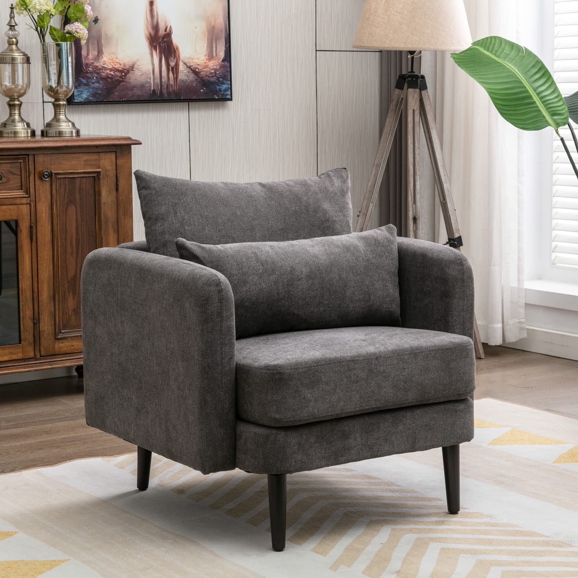 Mid Century Modern Fabric Accent Chair - Comfortable Upholstered Armchair with Solid Wood Legs for Living Room, Bedroom & Small Spaces - Gray Club Chair Perfect for Reading Nook, Home Office or Lounge Area