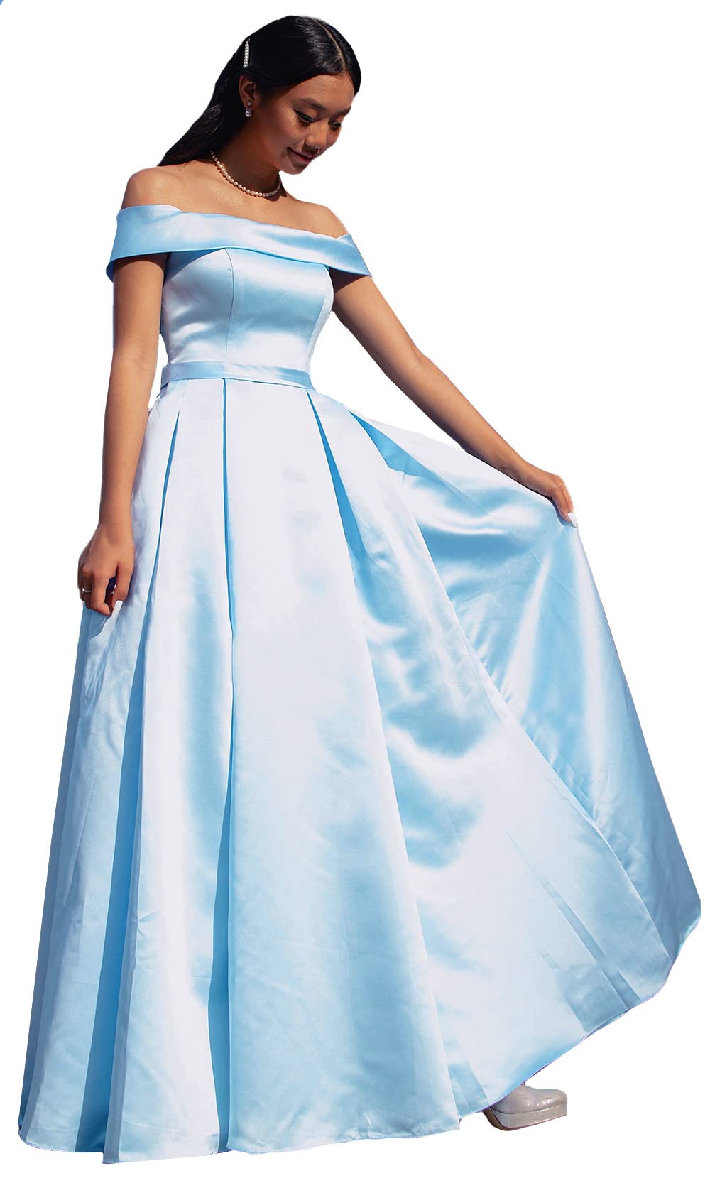 **ANGELWARDROBE Women's Elegant Off-Shoulder Prom Dress – Long Satin A-Line Evening Gown with Slit Pockets – Perfect for Homecoming, Formal Parties & Special Occasions**