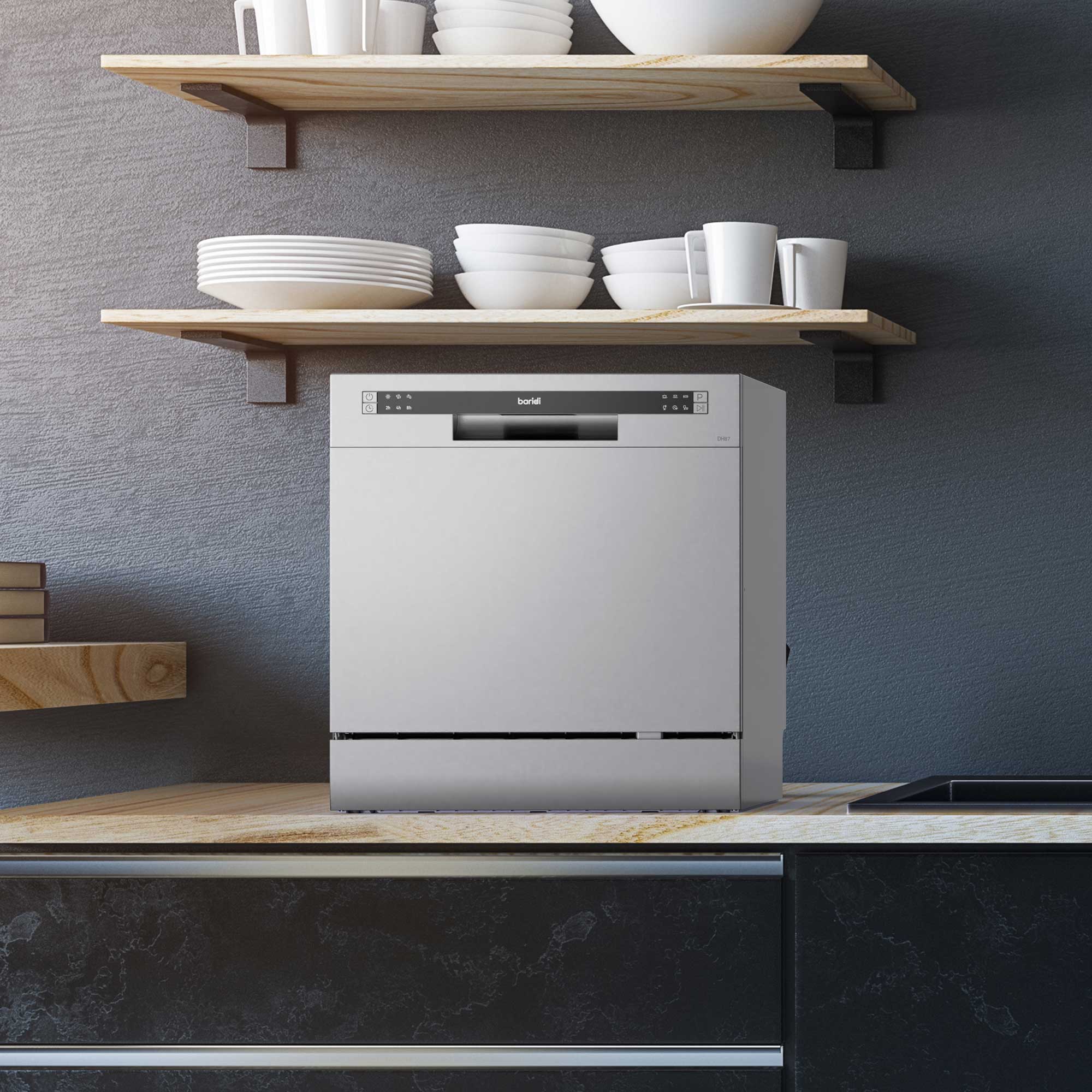 Baridi Compact Tabletop Dishwasher - 8 Place Settings, 6 Wash Programs, Ultra Quiet (42dB), 8L Capacity in Sleek Silver (Model DH87) | Perfect for Small Apartments, RVs, Dorms & Kitchenettes