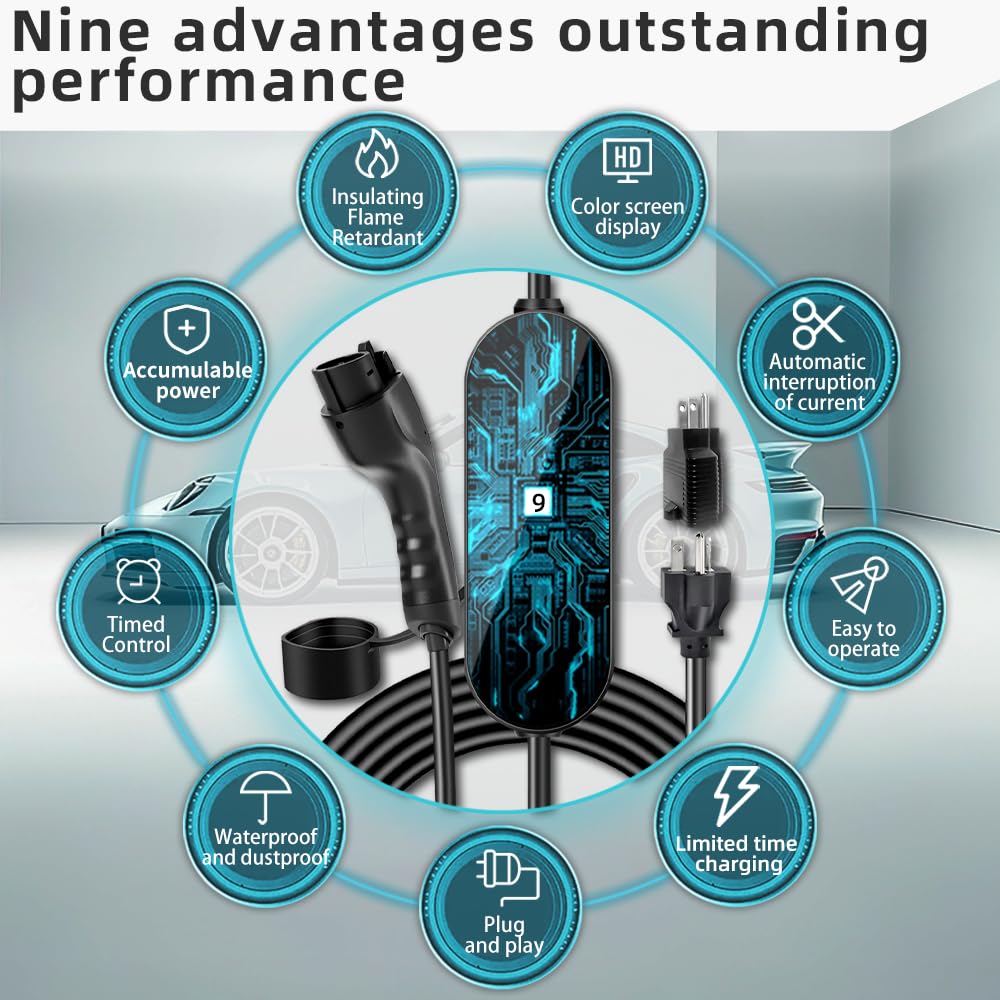 Level 1+2 EV Charger (8-16 Amp) 110V-240V J1772 Compatible Electric Car Charging Station with NEMA 6-20P & 5-15P Plugs - Portable Travel Charger for Tesla, Chevy, Nissan & More - Home & On-The-Go Charging Solution