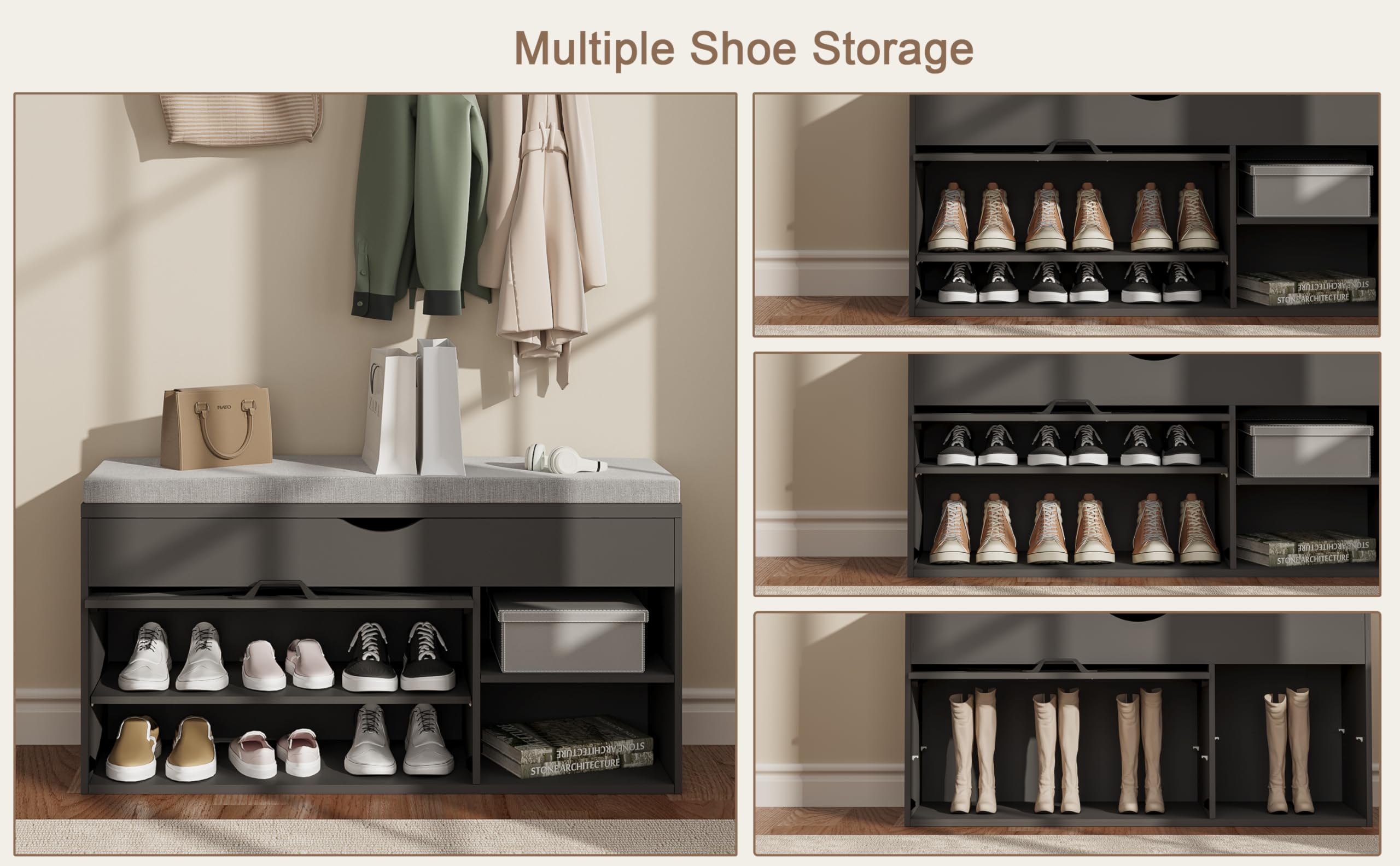 ChooChoo Storage Bench with Cushion - Lift Top Shoe Bench with Adjustable Shelf, Entryway Shoe Cabinet for Living Room & Bedroom - Perfect for Organizing Shoes, Hats & Seasonal Items in Small Spaces (Black)