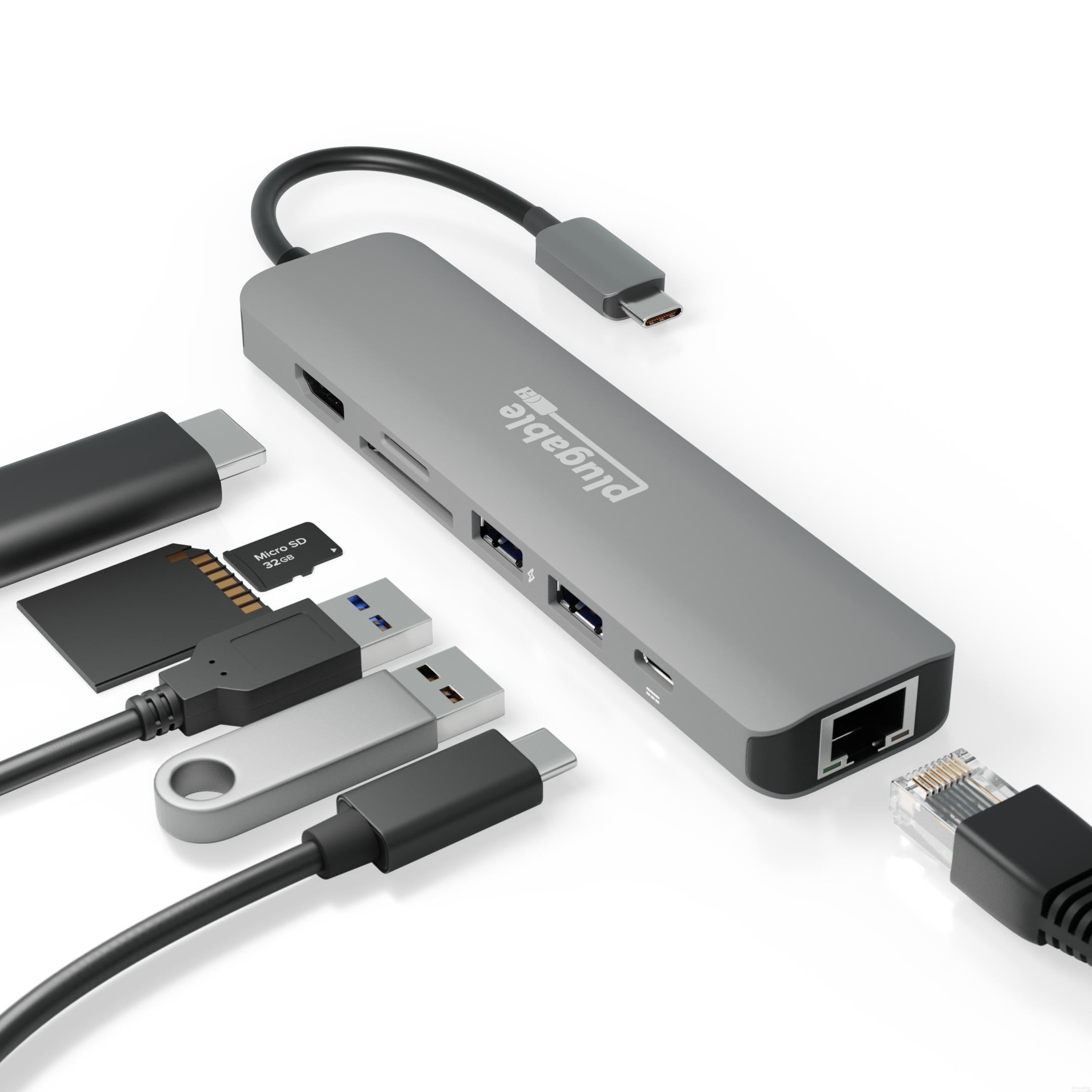 Plugable USB C 7-in-1 Hub with Gigabit Ethernet - Expand Laptop Ports for Work, Travel & Home Office Connectivity