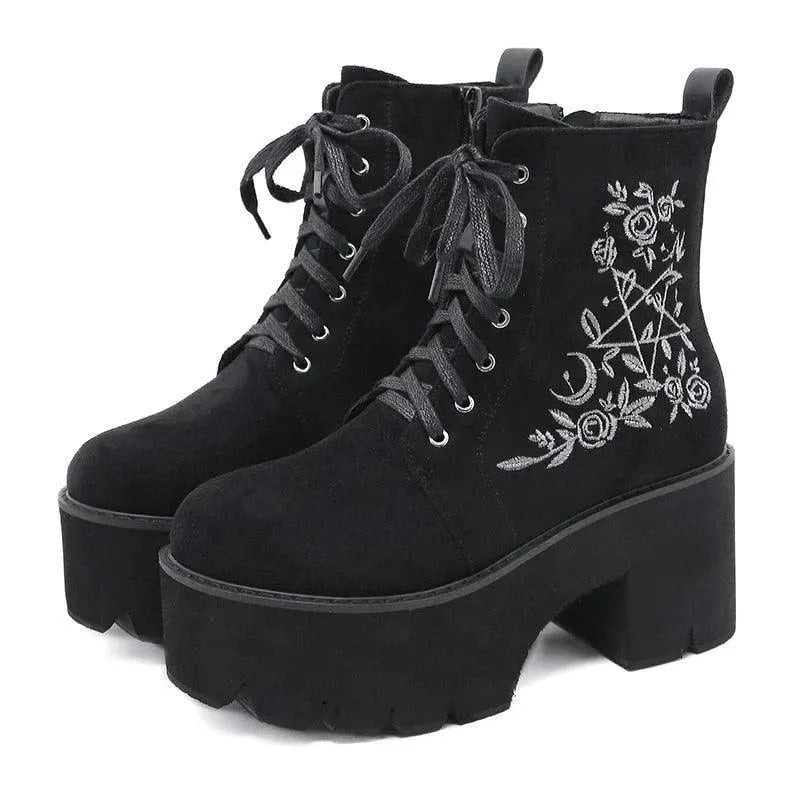 Women's Fashion Flower Platform Ankle Boots - Stylish Chunky Heel Booties for Casual Outfits & Fall Winter Wardrobe | Perfect for Office, Dating & Night Out