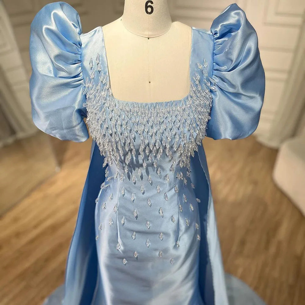 Elegant Ivory Satin Mermaid Evening Gown with Puff Sleeves & Crystal Beading - Women's Formal Dress for Weddings, Galas & Special Occasions | Perfect for Bridal Parties, Prom & Black Tie Events
