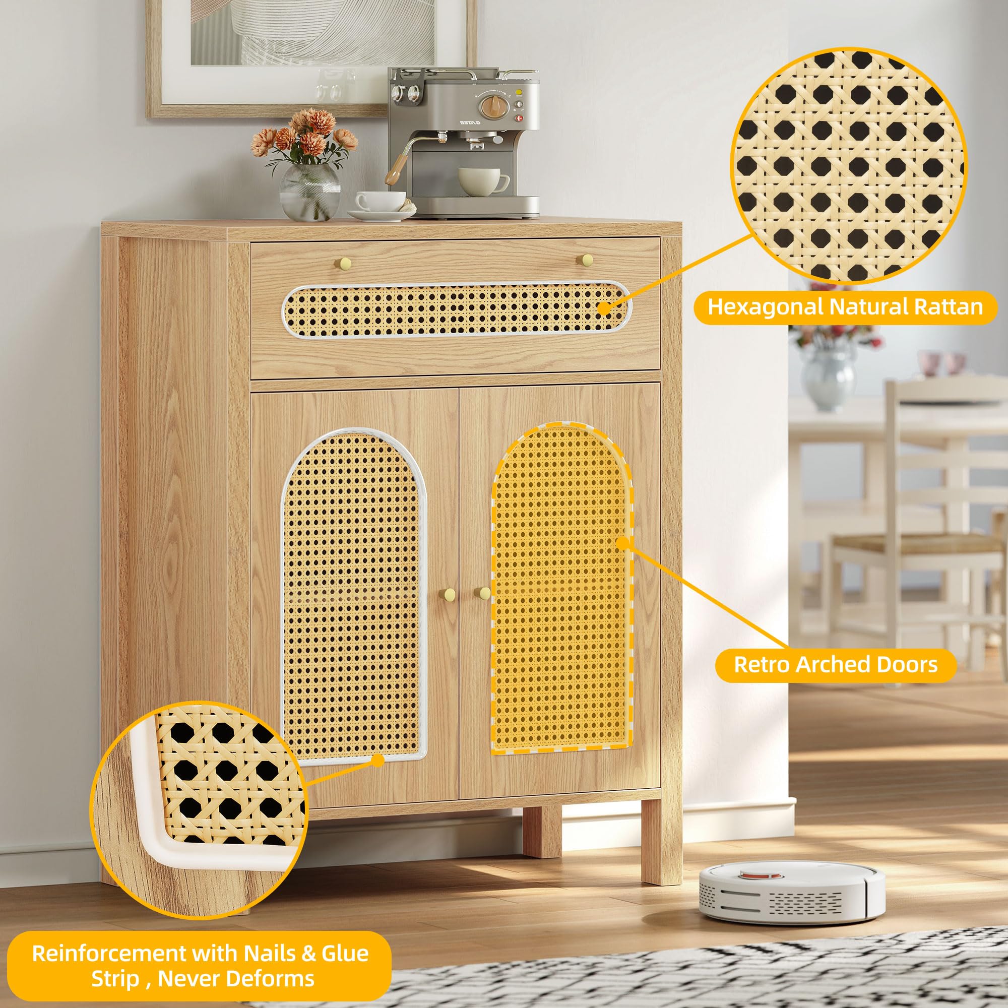 DWVO Sideboard Buffet Cabinet with Rattan Doors - 36